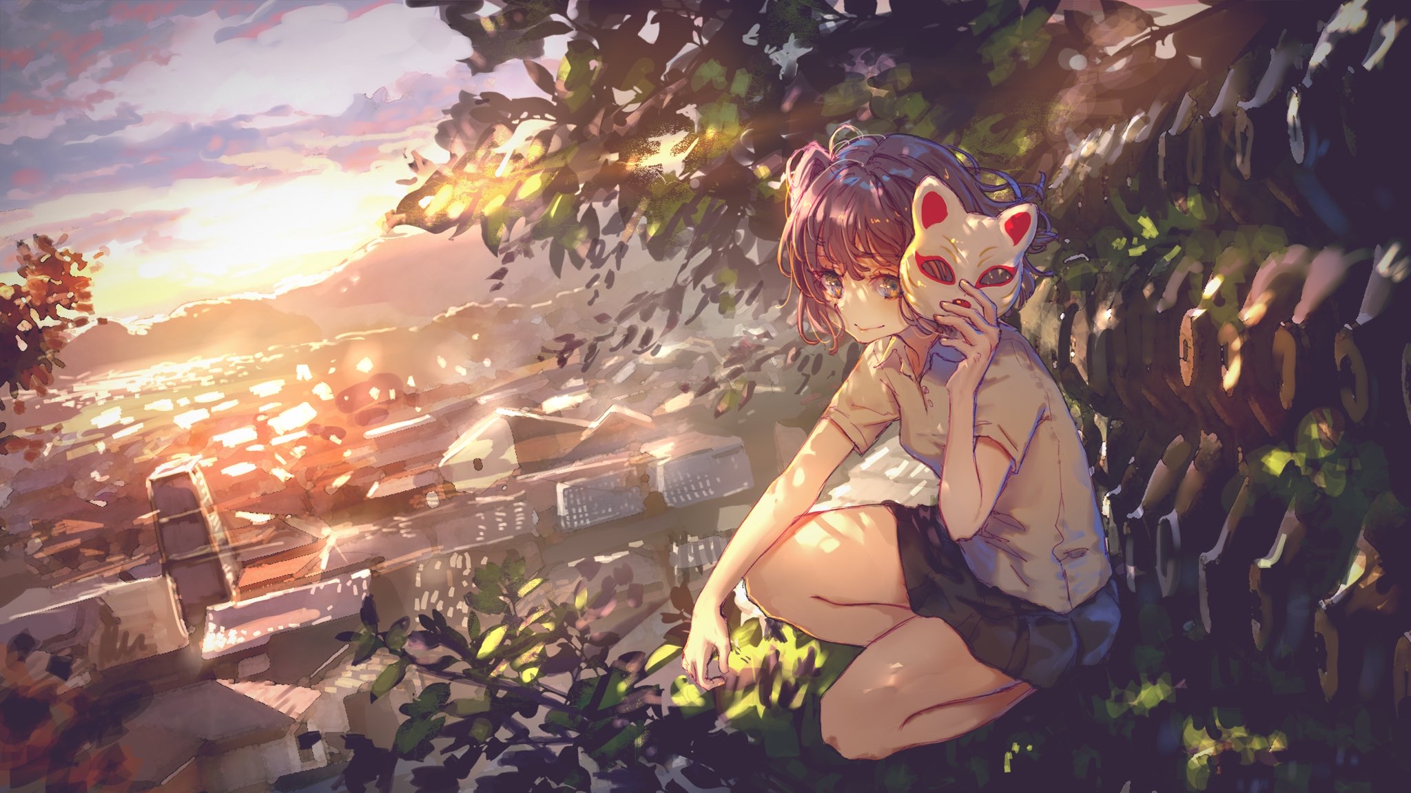 Anime 2048x1152 anime anime girls digital art artwork 2D Roki Virtual Youtuber mask cityscape sunset