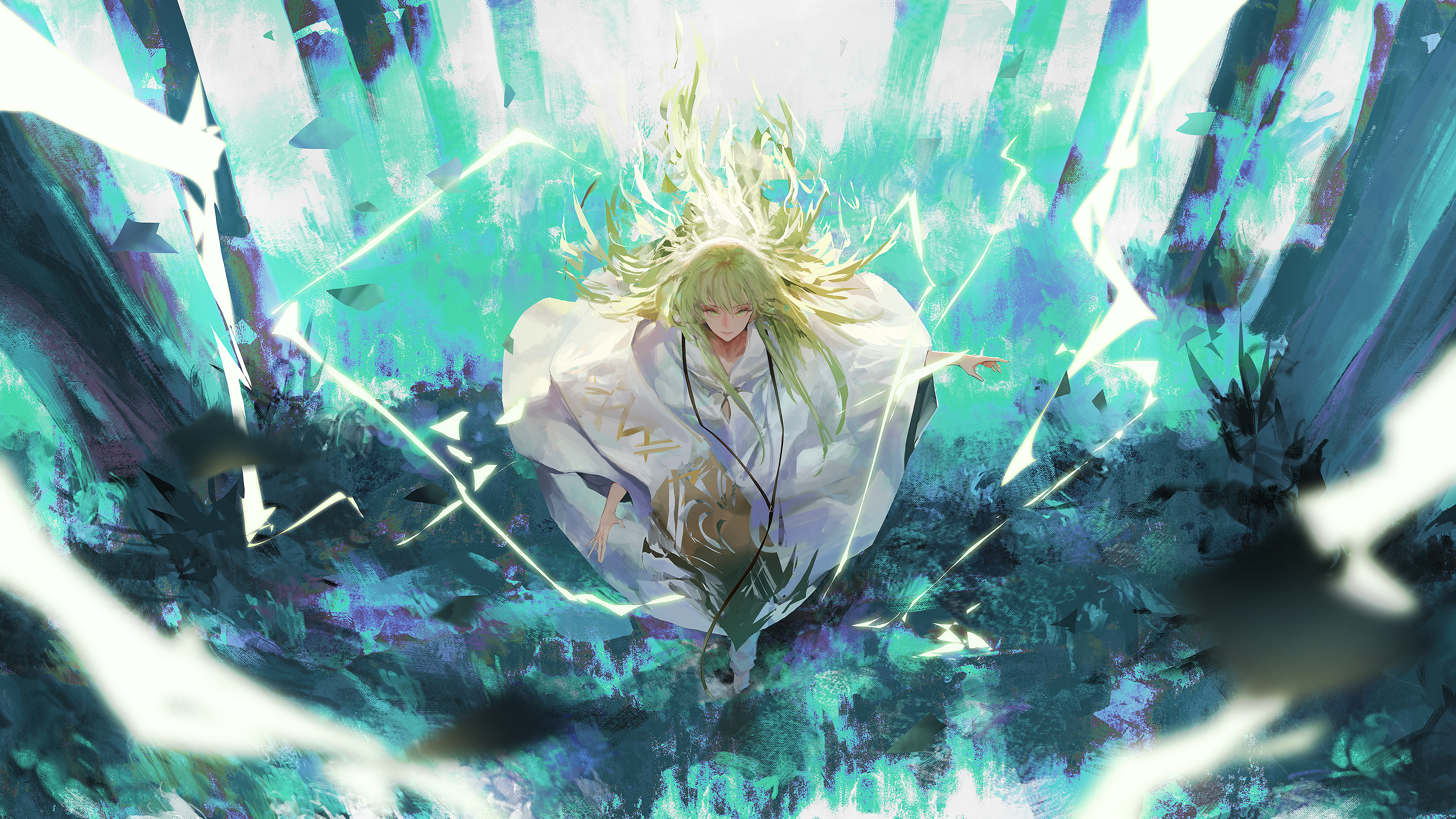 Anime 3840x2160 anime green hair white clothing Enkidu (FGO) cyan