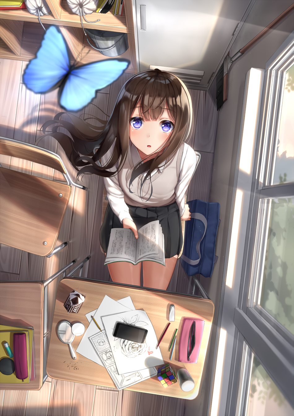 Anime 950x1343 looking up butterfly skirt open mouth blushing purple eyes long hair window chair school uniform top view indoors classroom superpig (wlstjqdla) by the window
