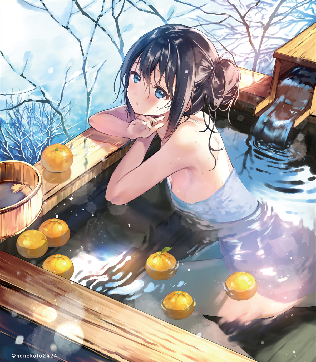 Anime 1200x1375 anime anime girls digital art artwork 2D portrait display in bathtub fruit blue eyes water outdoors dark hair towel bathing sideboob Hanekoto orange (fruit) hot tub