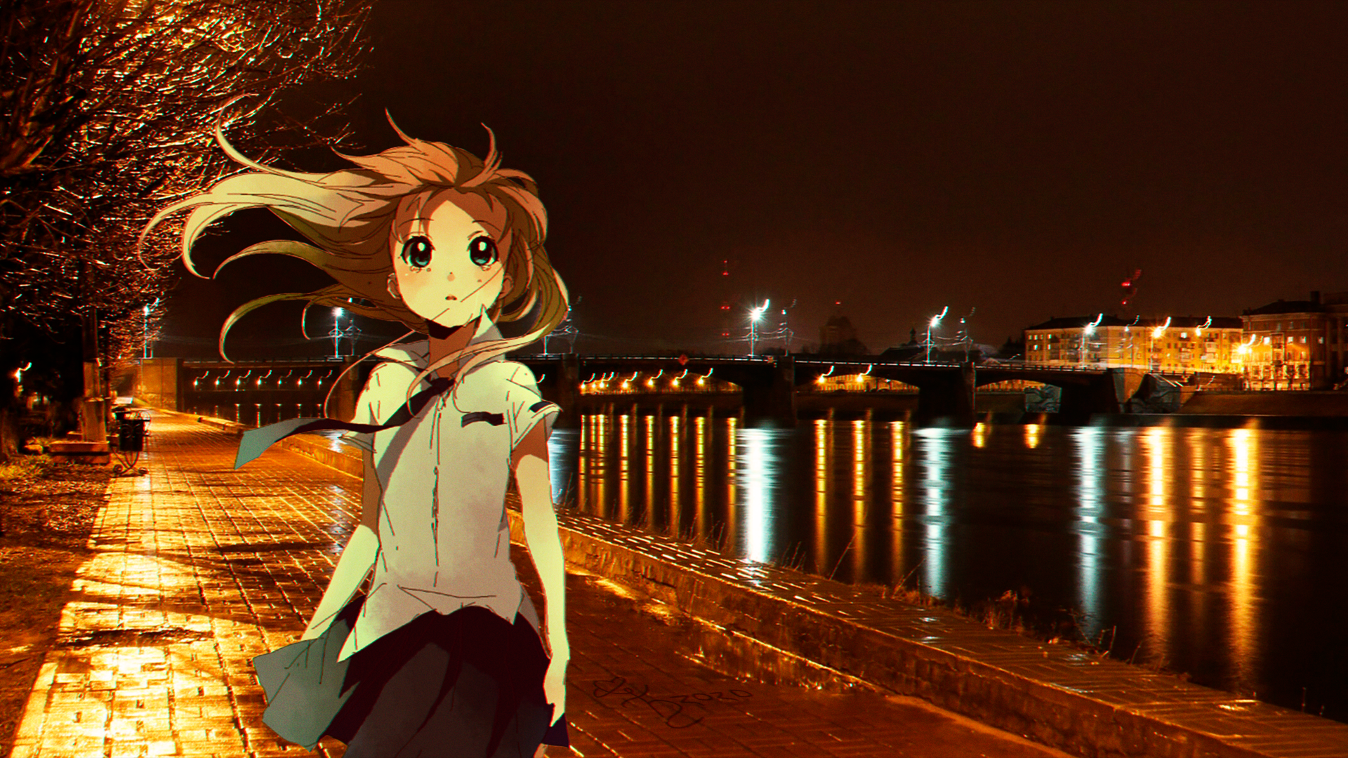 Anime 1920x1080 anime anime girls Russia promenades night lights river city animeirl