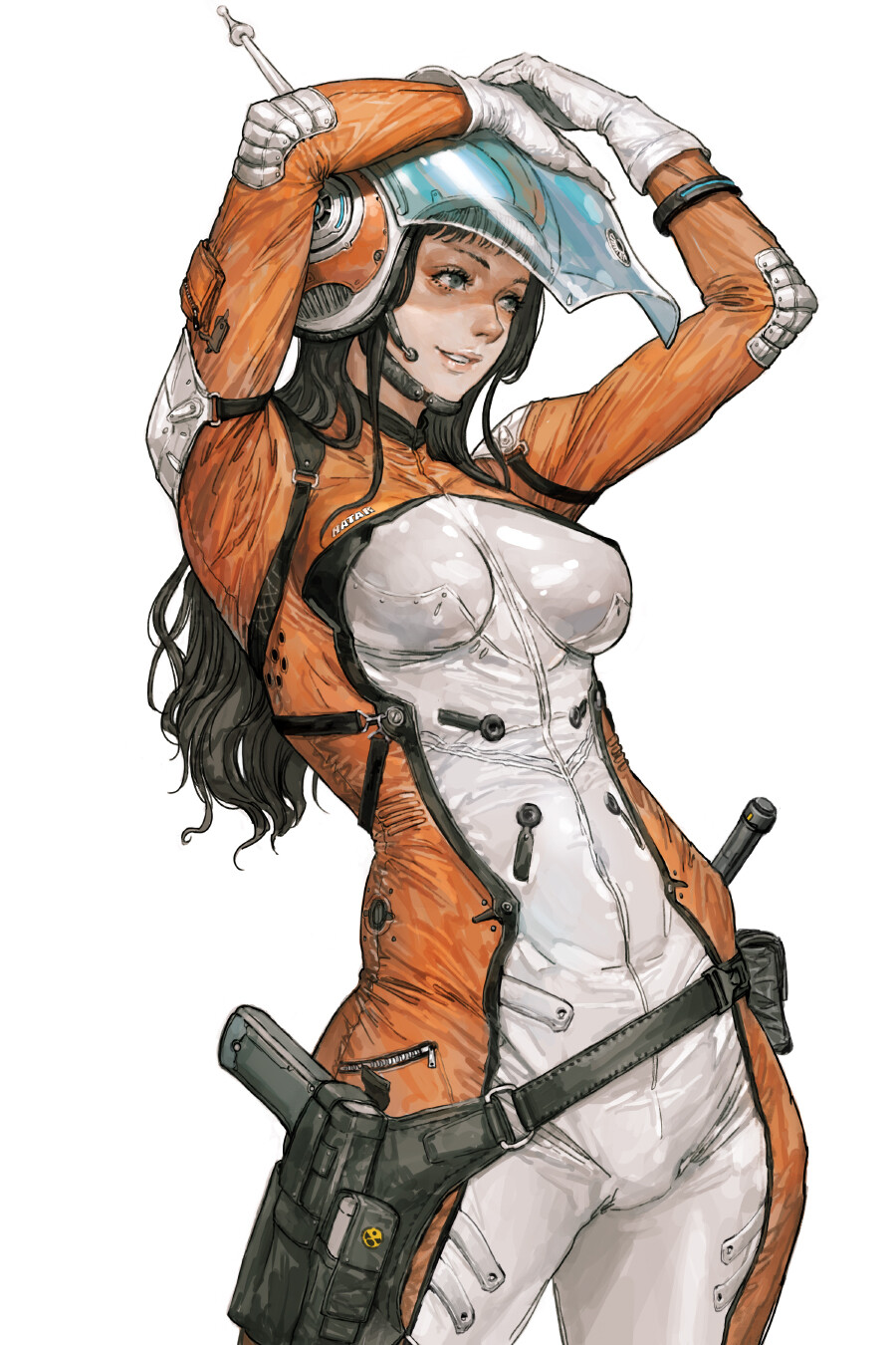 General 900x1350 women pistol weapon long hair helmet arms up futuristic boobs simple background