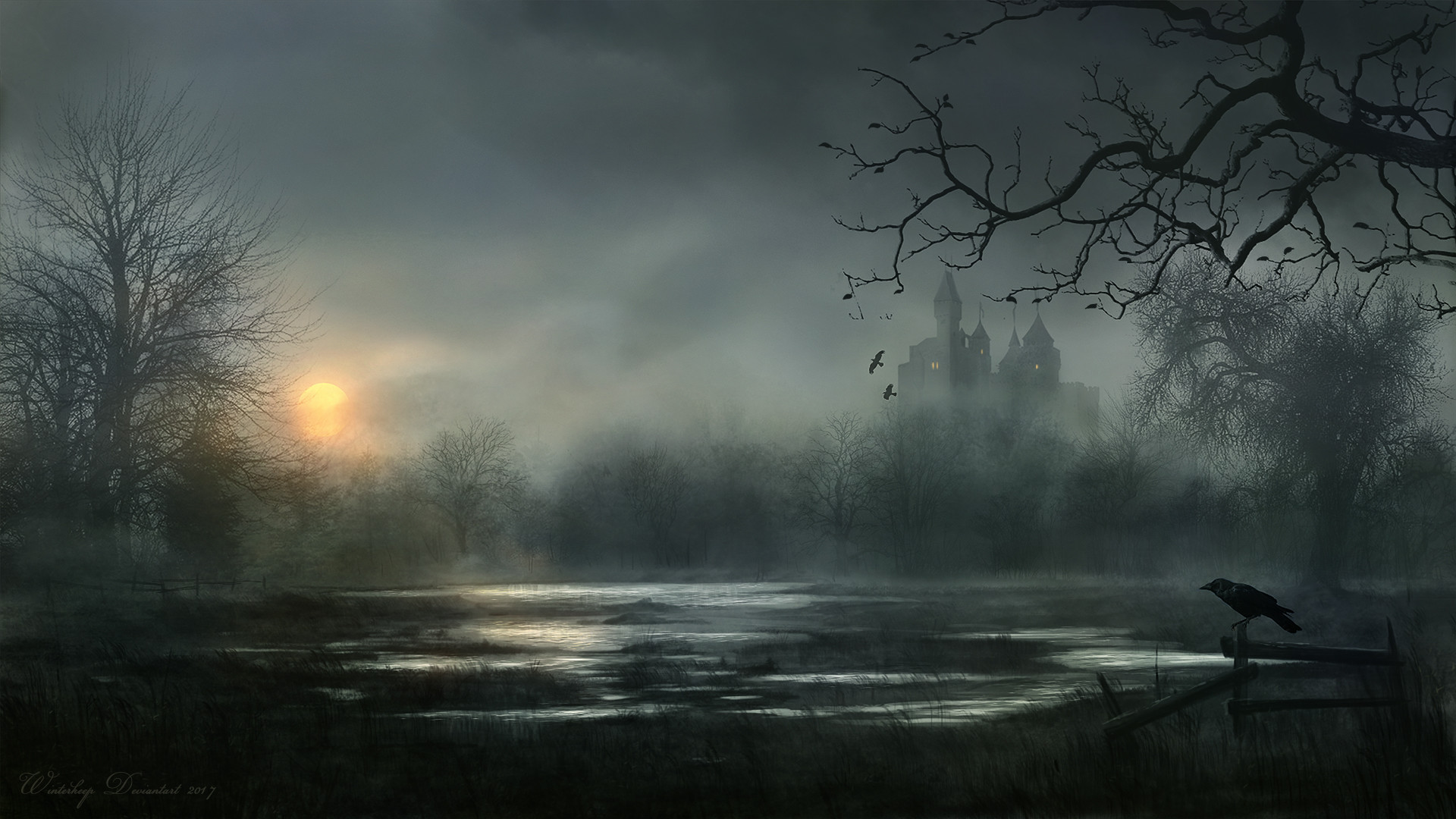 General 1920x1080 dark digital art castle mist lake crow swamp horror raven sunset trees clouds