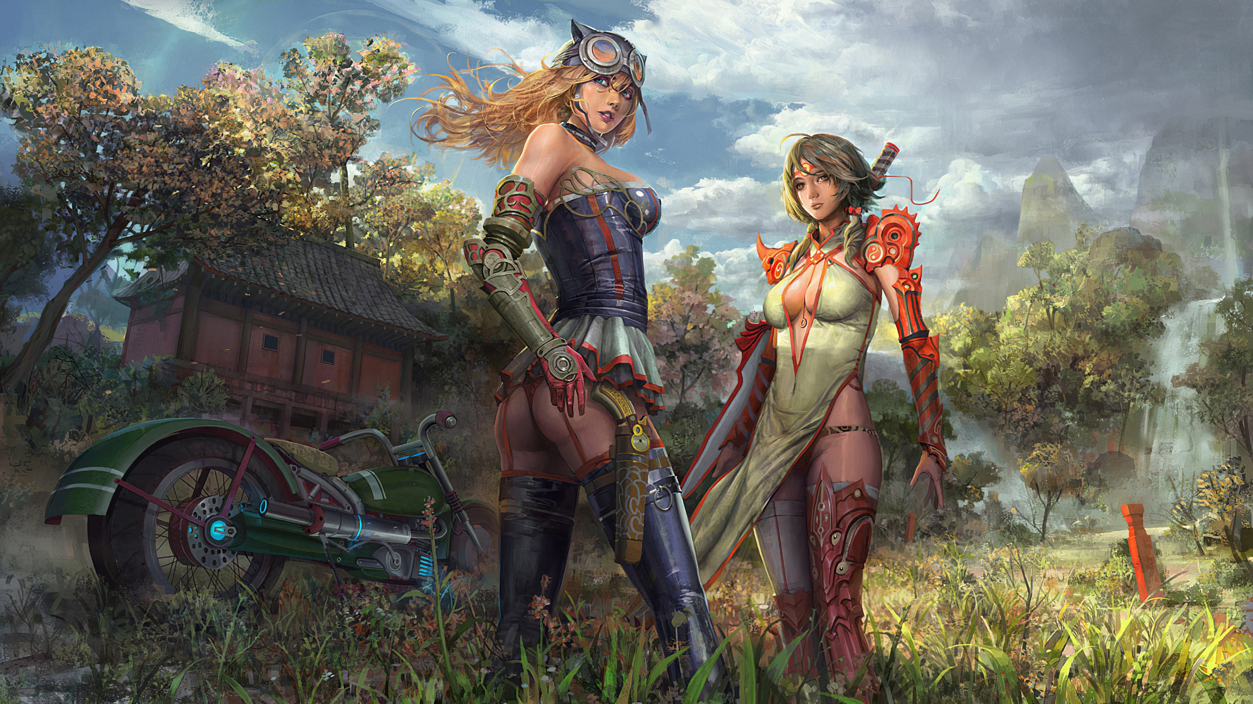 General 2560x1440 science fiction retro science fiction steampunk fantasy art machine armor digital art trees clouds daylight ass panties skimpy clothes