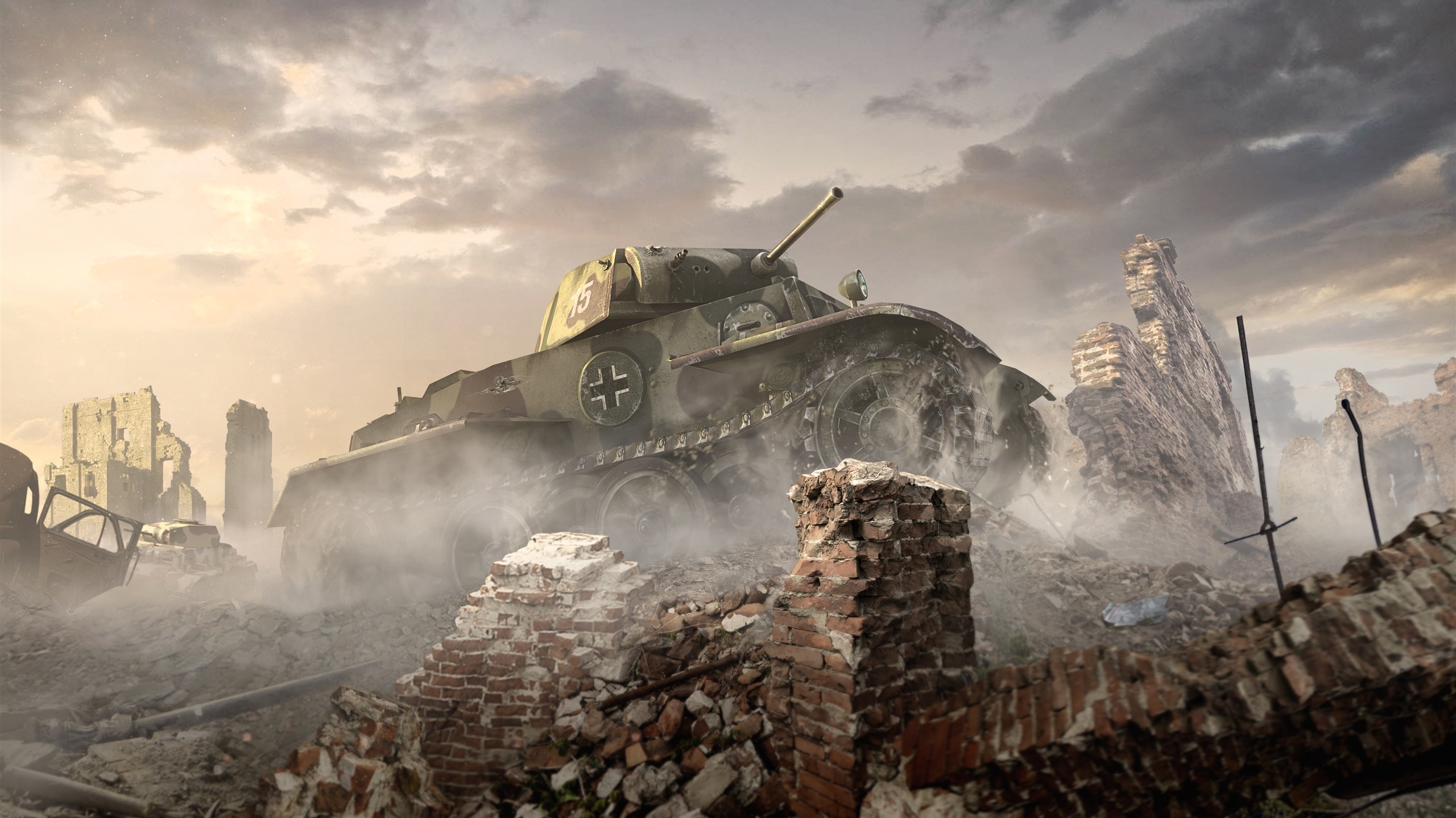 General 2560x1440 tank World of Tanks video games war clouds sky ruins Panzer II