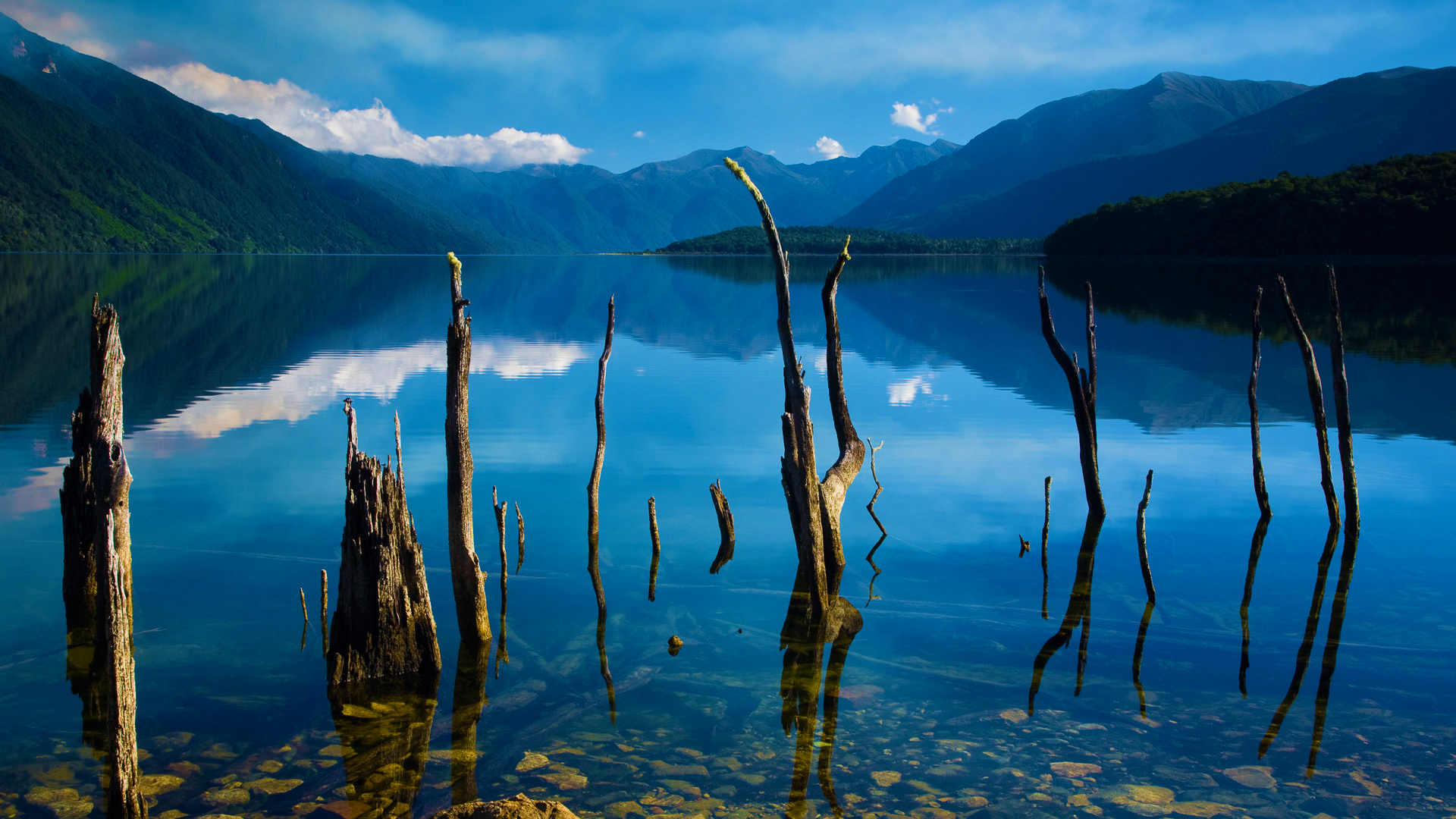 General 1920x1080 landscape nature lake wood water ripples mountains clouds sky rocks trees forest Lake Monowai New Zealand