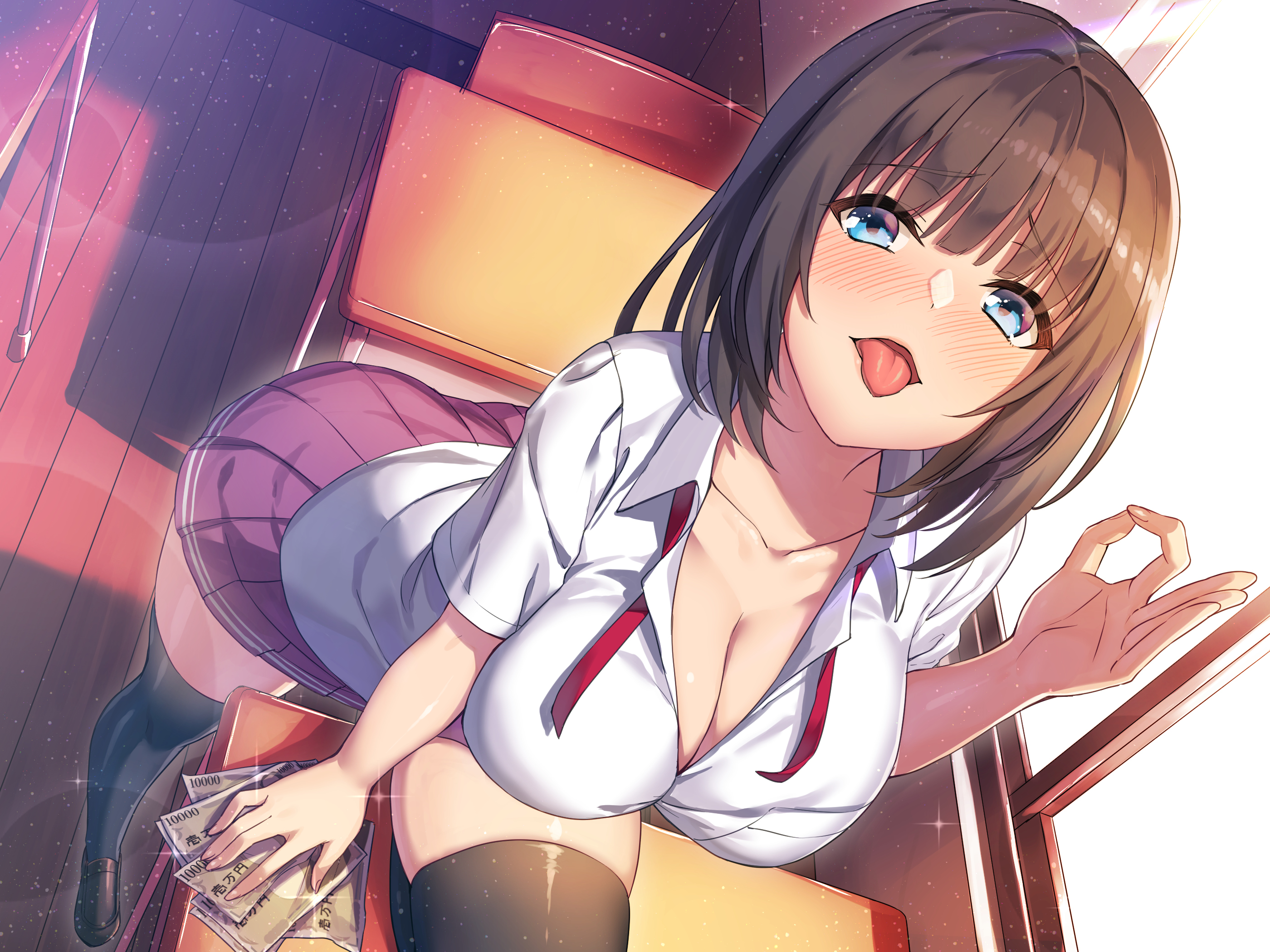 Anime 2800x2100 short hair cleavage school uniform big boobs thigh-highs brunette tongue out blushing blue eyes money classroom suggestive anime girls Umiharu high angle cash aroused collarbone hand gesture standing