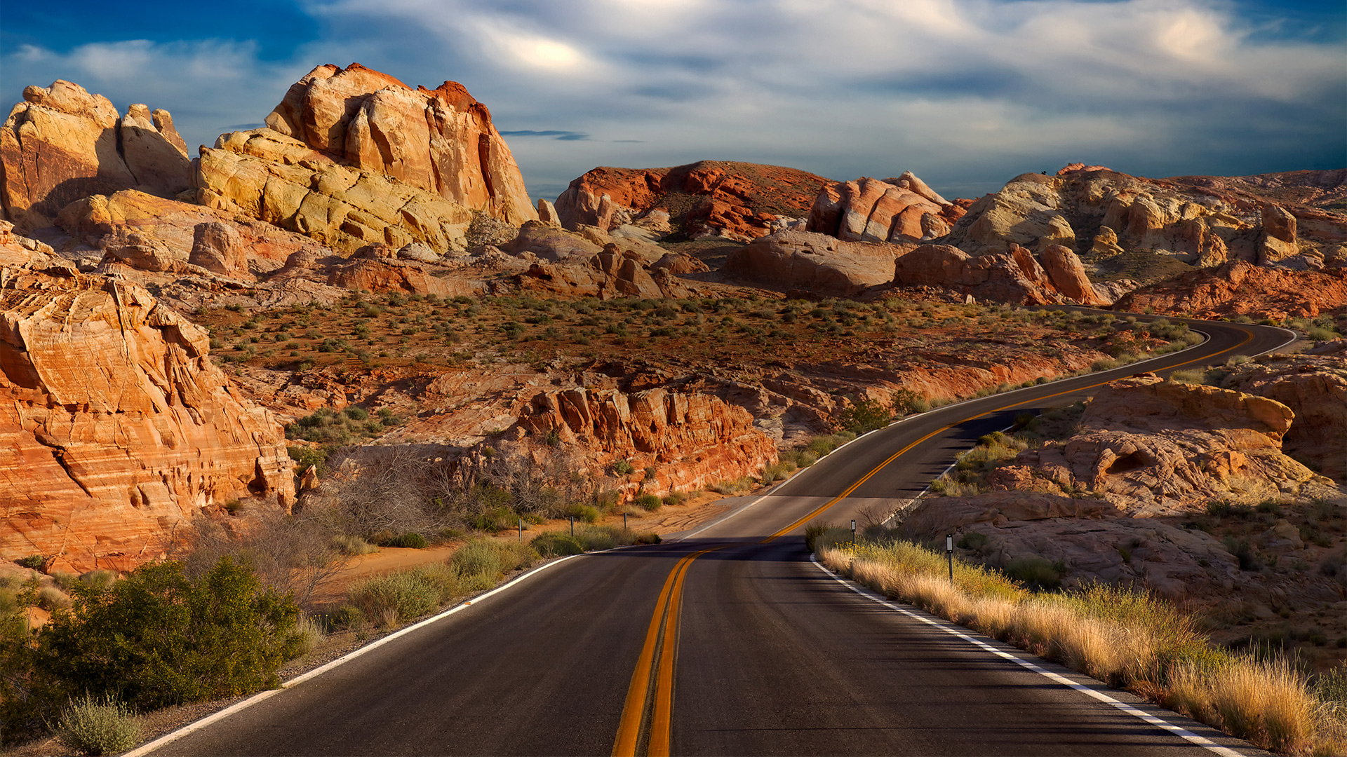 General 1920x1080 road clouds nature landscape plants mountains hairpin turns sky desert Valley of Fire State Park Nevada USA rocks rock formation outdoors Mojave Desert