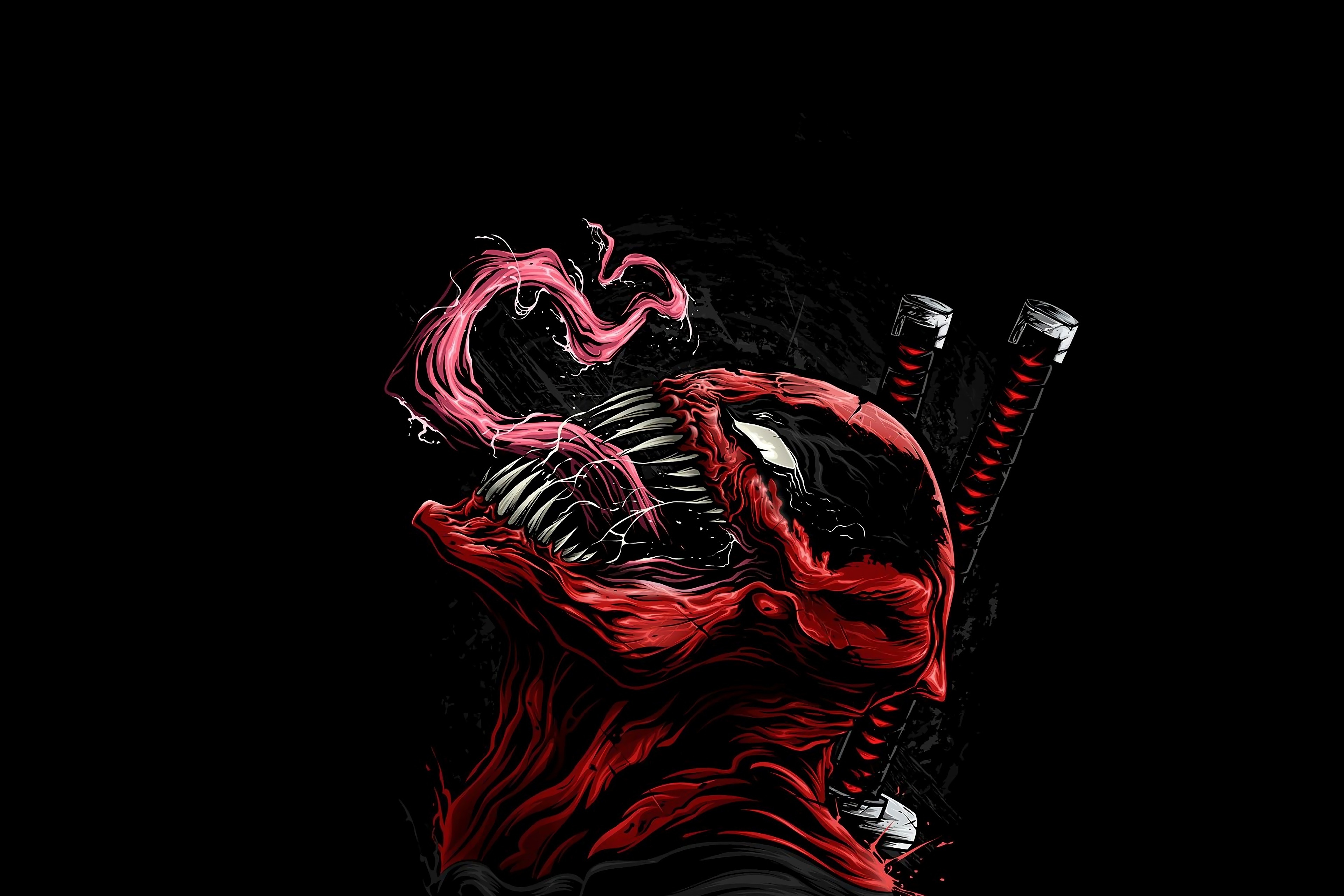 General 3840x2561 Deadpool Venom illustration artwork comics digital art simple background katana tongue out pointy teeth black background creepy tongues minimalism side view weapon