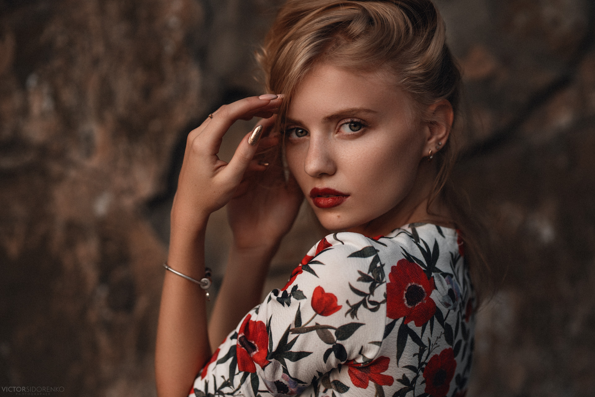 People 1920x1280 Katrin Enina Victor Sidorenko women model blonde touching hair looking at viewer red lipstick bracelets outdoors painted nails earring face women outdoors portrait photography closeup watermarked