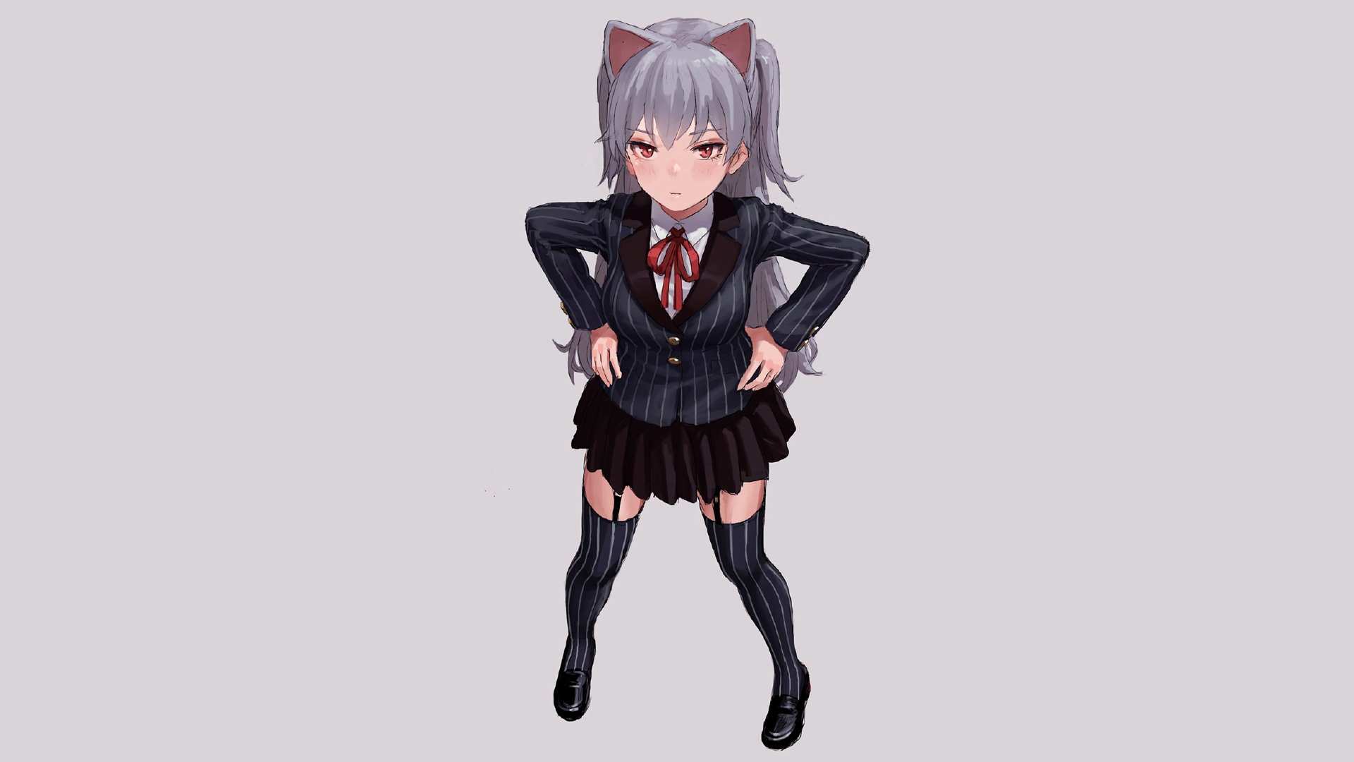 Anime 1920x1080 anime manga anime girls schoolgirl simple background cat girl silver hair gray hair stockings cat ears