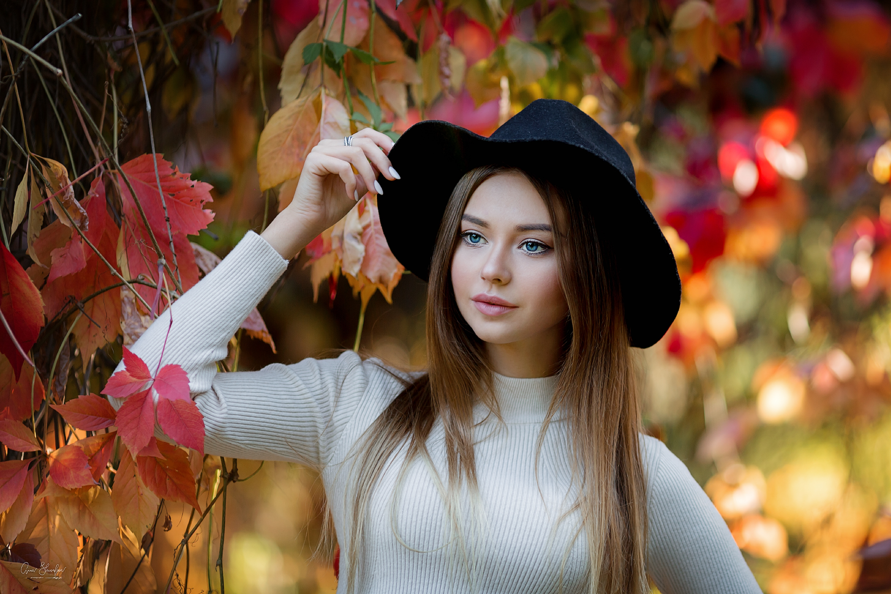 People 1745x1163 Polina Kostyuk women model brunette outdoors portrait sweater turtlenecks women with hats hat looking into the distance blue eyes white nails leaves depth of field women outdoors young women black hat white sweater closed mouth one arm up painted nails millinery