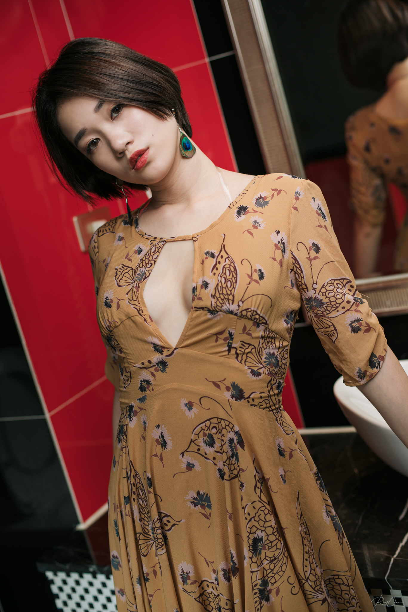 People 1367x2048 women model Asian brunette short hair portrait indoors looking at viewer dress cleavage contact lenses mirror reflection depth of field women indoors Ray Chen