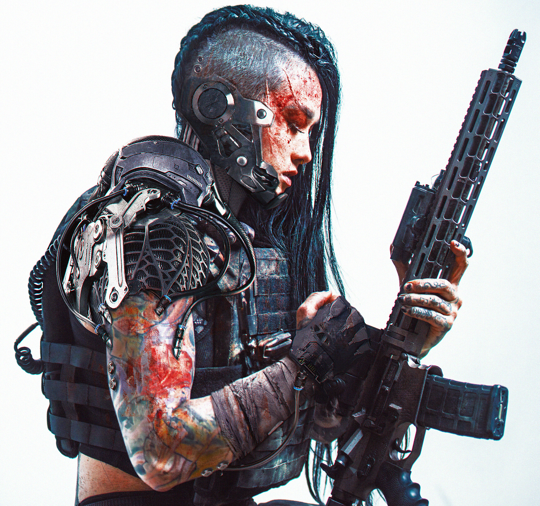General 1729x1621 artwork Abrar Khan concept art women soldier science fiction futuristic black hair tattoo cyber cyberpunk mechs Clayton Haugen