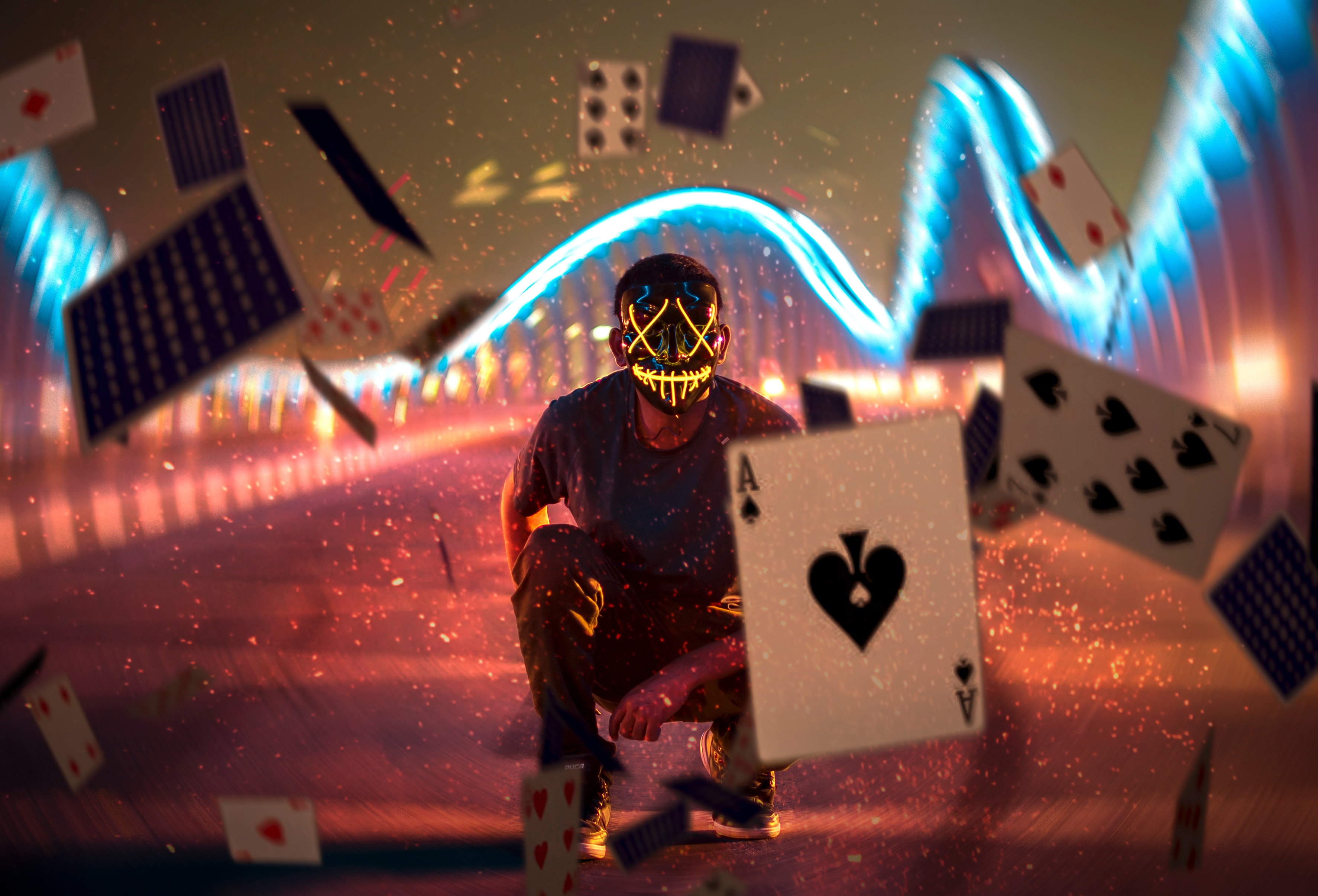General 3547x2411 motion blur people mask men magic cards aces creativity floating lights long exposure neon night photography theme parks Ace of Spades digital art