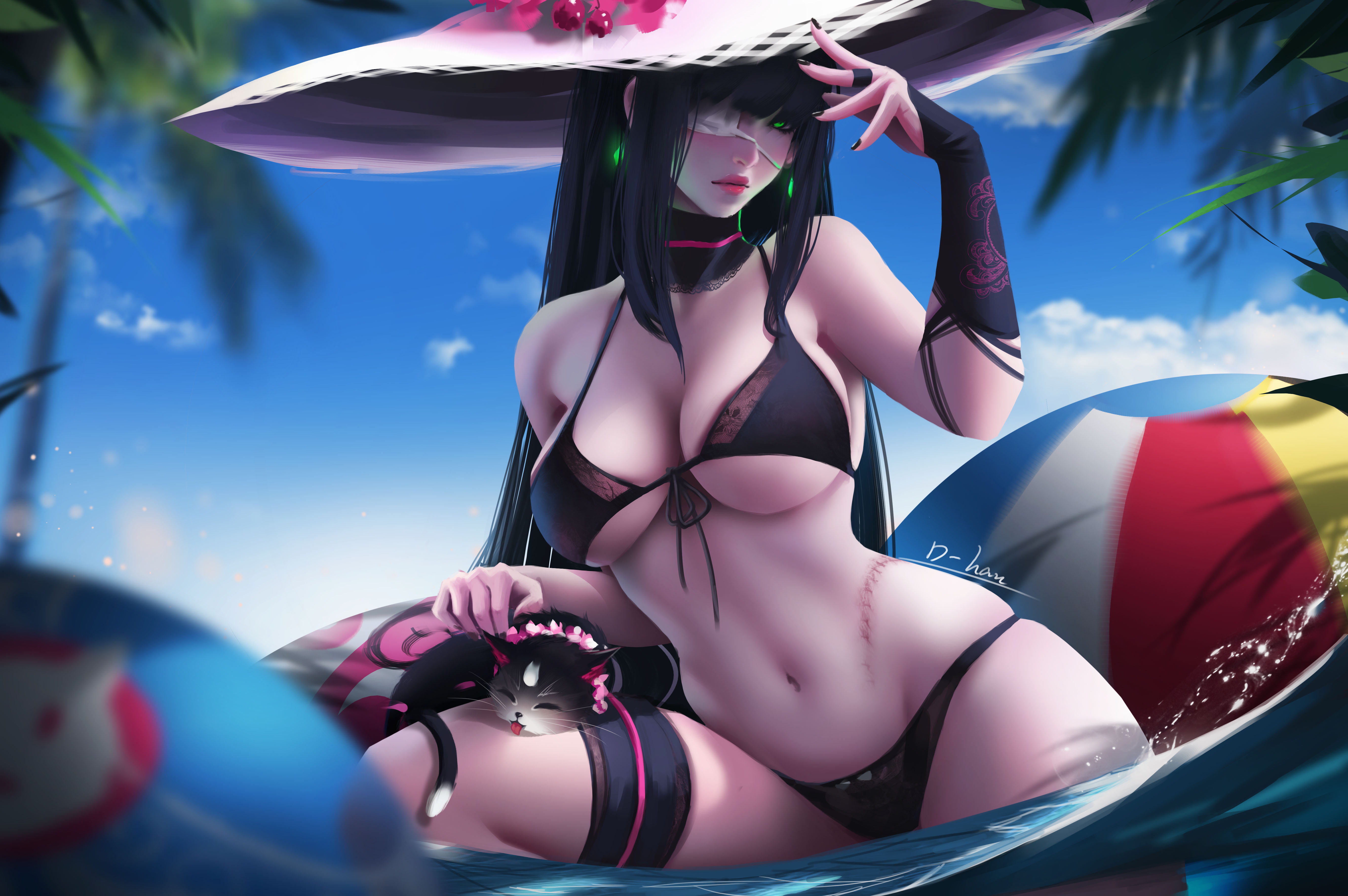 Anime 5462x3632 bikini cleavage eyepatches cats swimwear underboob wet hat d han