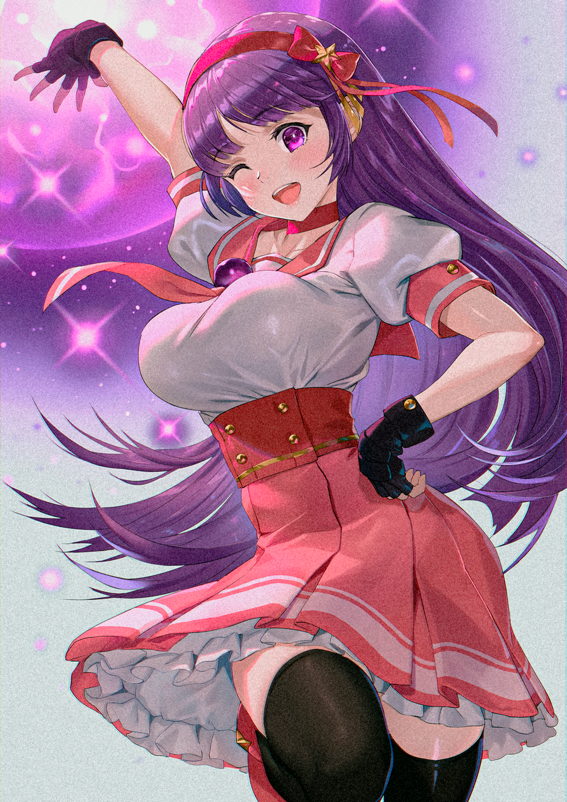 Anime 1131x1600 anime anime girls big boobs King of Fighters Athena Asamiya thigh-highs purple hair pink eyes