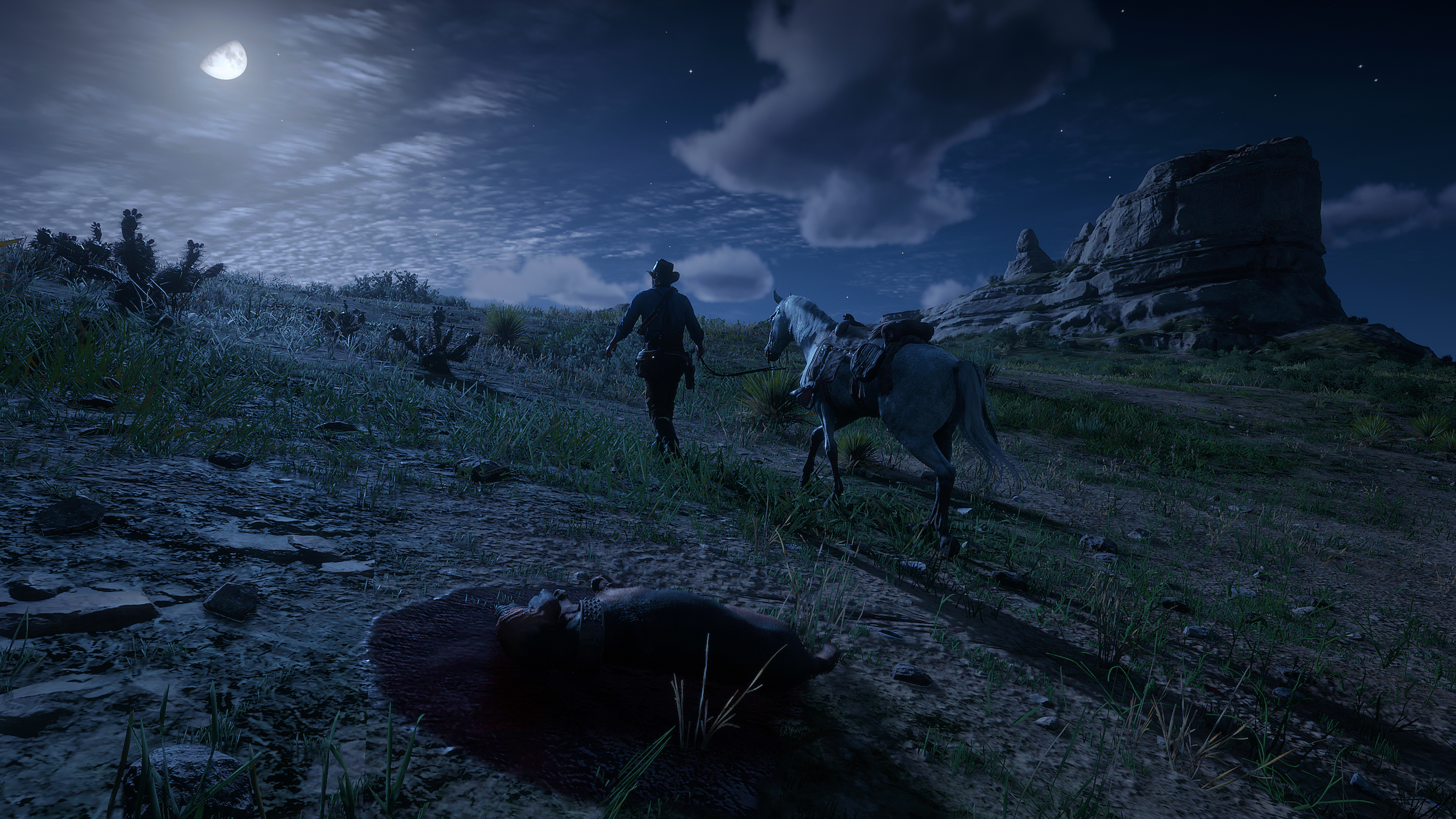 General 3840x2160 Red Dead Redemption Red Dead Redemption 2 video games PC gaming Moon western screen shot horse night
