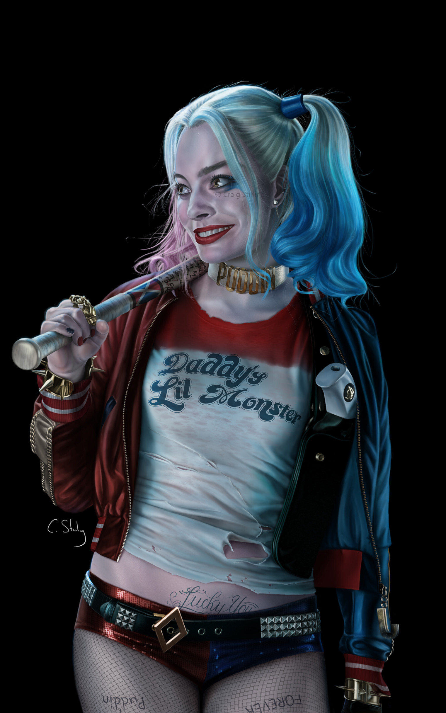 General 1522x2433 Harley Quinn Margot Robbie Suicide Squad women brown eyes white hair digital art dyed hair white shirt torn clothes baseball bat makeup tattoo black background pink hair blue hair celebrity portrait display fan art red blue colored nails jewelry