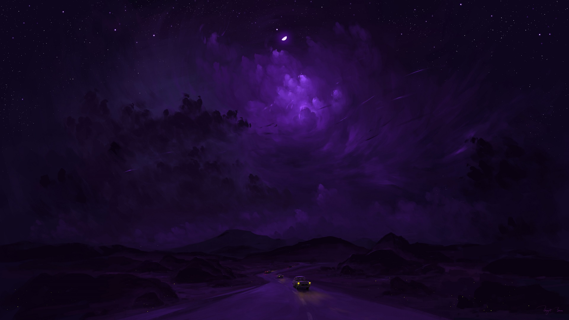 General 1920x1080 BisBiswas digital art painting dusk road clouds car moonlight Moon stars