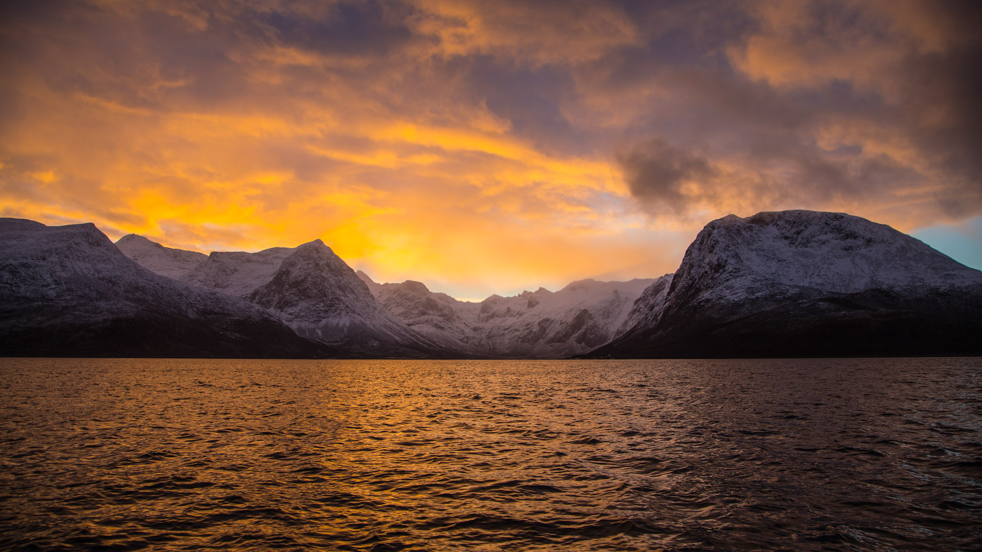 General 1920x1080 nature landscape water Norway sea sunset clouds snowy peak mountains yellow