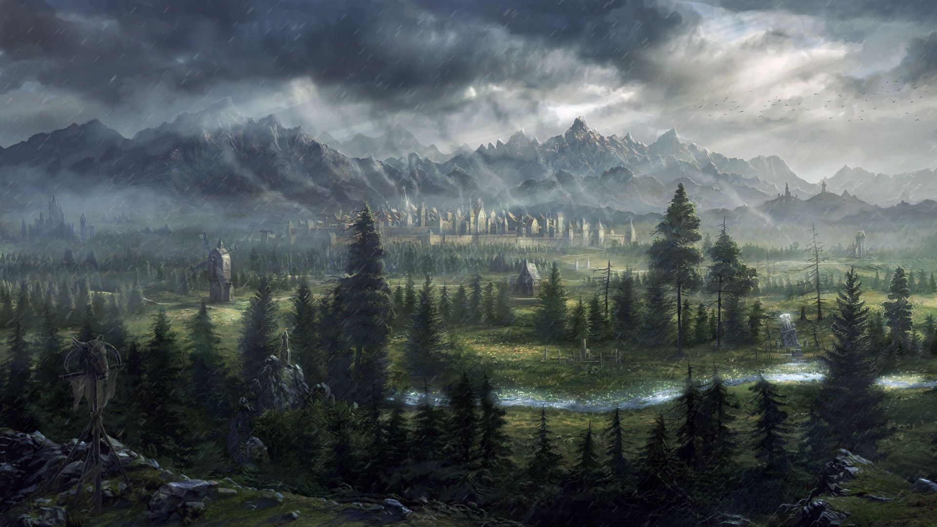General 1920x1080 digital art fantasy art Total War: Warhammer trees pine trees nature landscape mountains clouds rain rocks stream video games castle