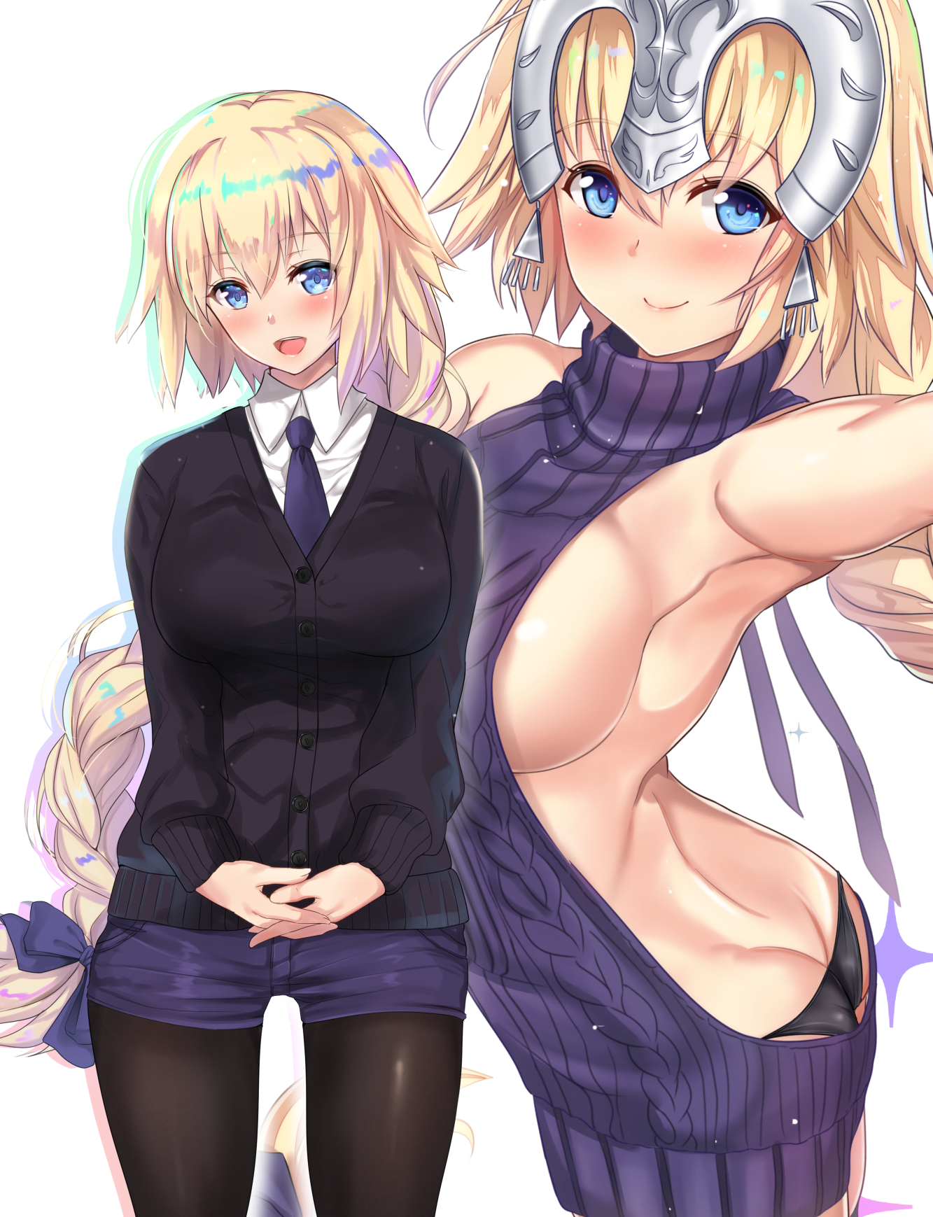 Anime 1333x1739 ass Fate/Apocrypha  no bra pantyhose Virgin Killer Sweater Fate series anime girls Fate/Grand Order ecchi blushing cardigan blue eyes blonde big boobs sideboob cleavage thong black panties thighs looking at viewer armpits french braids 2D bangs short shorts Ruler (Fate/Apocrypha) Jeanne d'Arc (Fate) long hair open mouth smiling portrait display simple background fan art backless dress curvy Untue