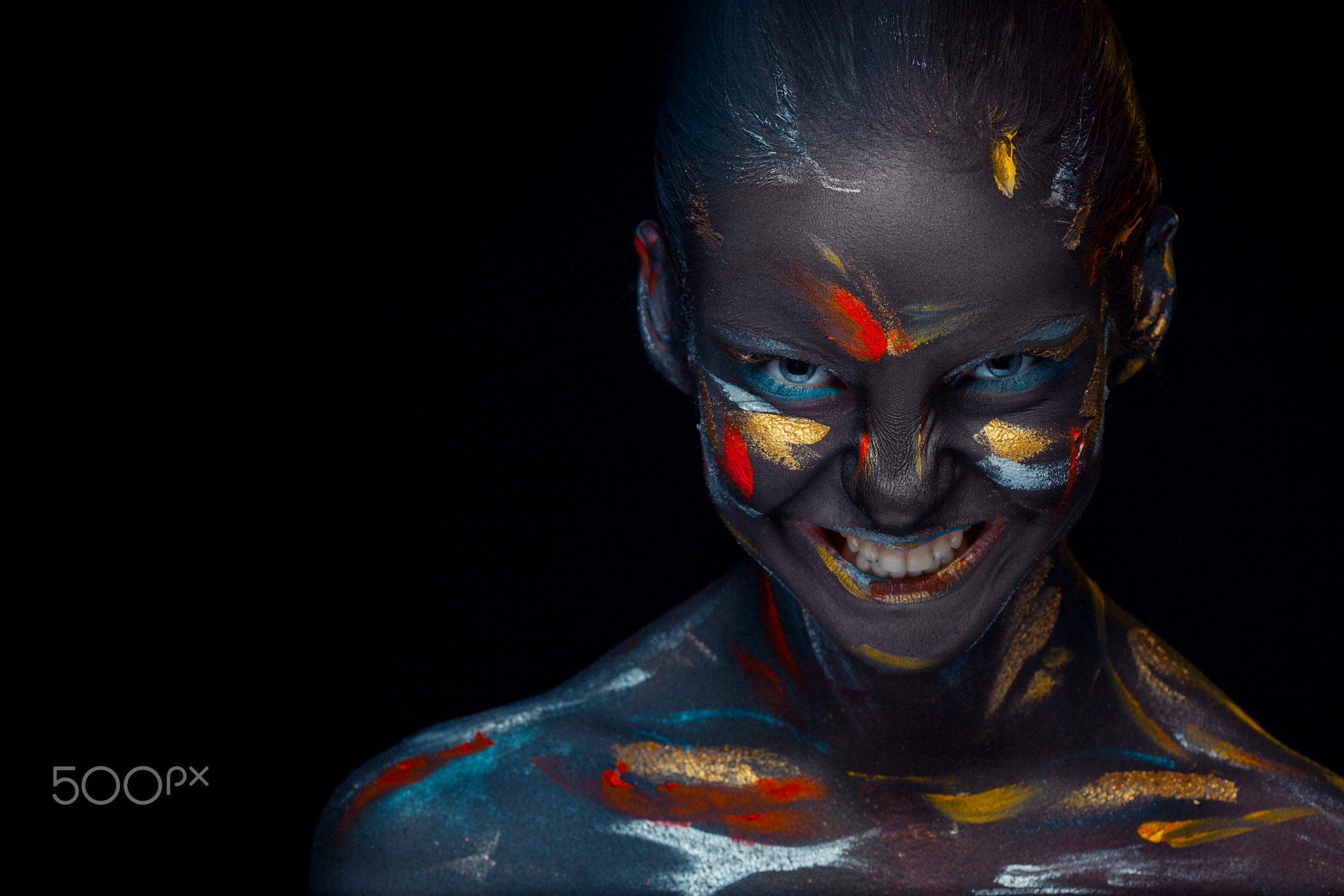 People 2048x1365 Volodymyr Melnyk face teeth colorful dark body paint women watermarked 500px simple background black background