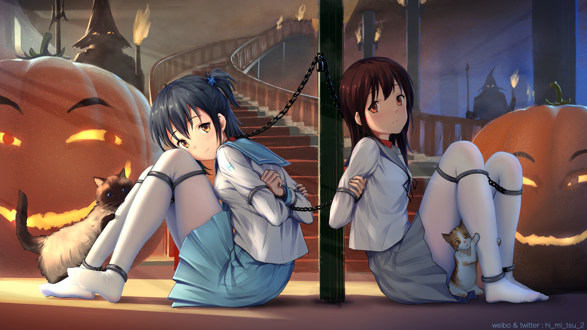Anime 1920x1080 anime cats pumpkin schoolgirl handcuffs collar pantyhose school uniform anime girls Halloween