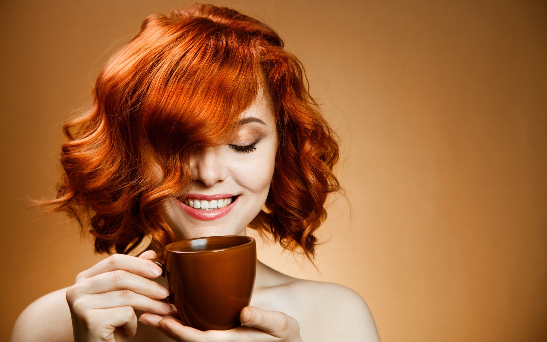People 1920x1200 women redhead cup smiling curly hair Yuriy Zhuravov women indoors indoors simple background model hair in face