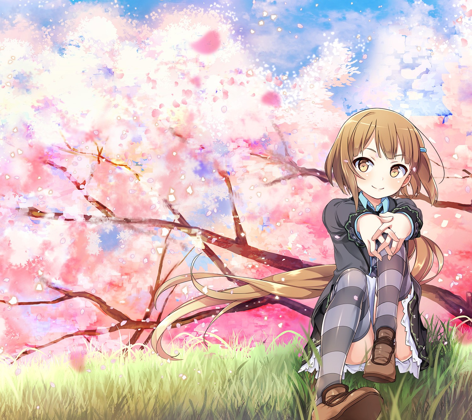 Anime 1500x1335 anime girls anime cherry blossom purple striped stockings plants trees sitting smiling brunette yellow eyes grass