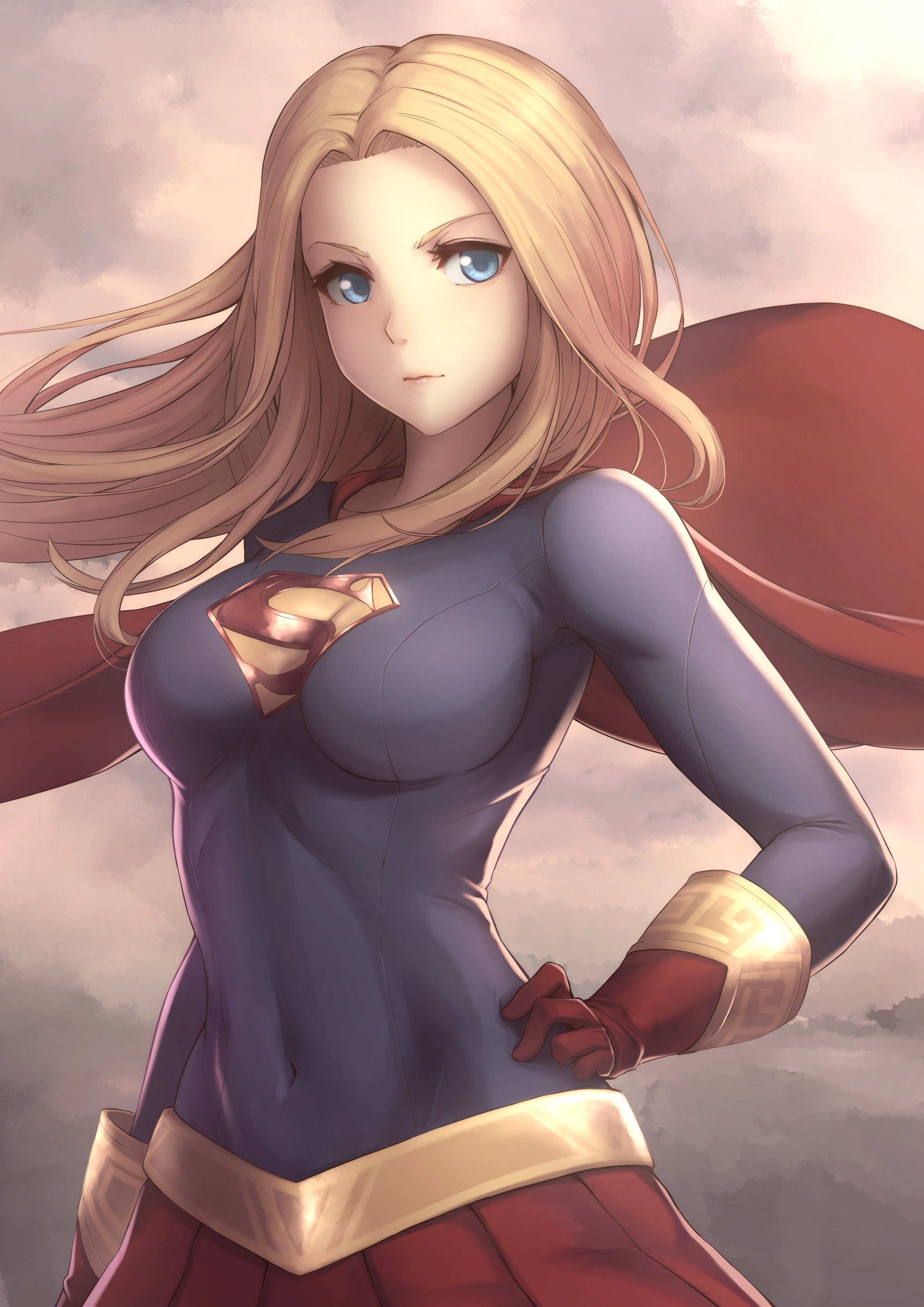 Anime 2480x3508 long hair Supergirl blonde cape blue eyes superheroines boobs belly women red skirt red gloves