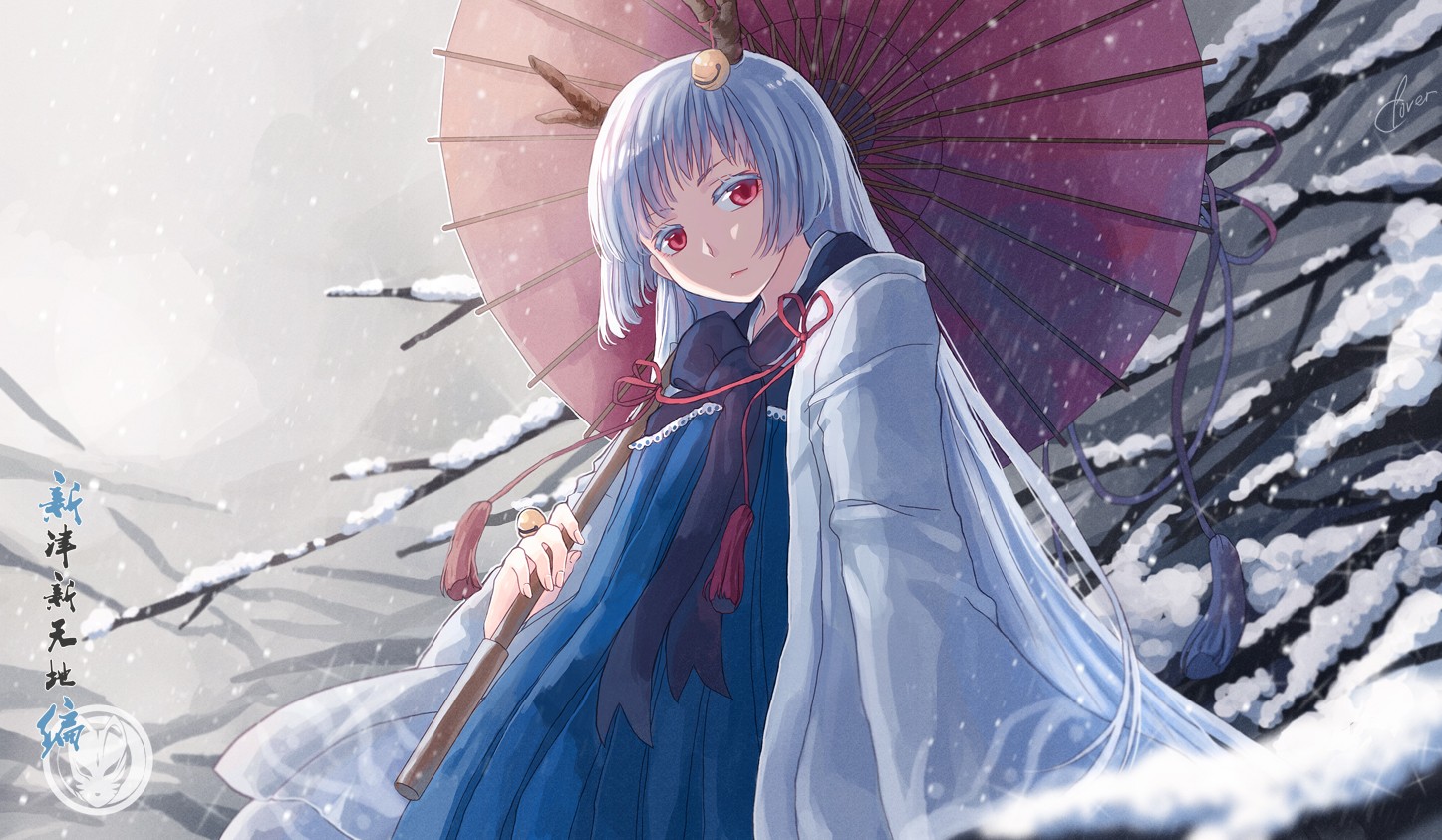 Anime 1447x843 original characters long hair snow umbrella antlers Pixiv Fantasia red eyes women with umbrella sad anime anime girls fantasy art fantasy girl