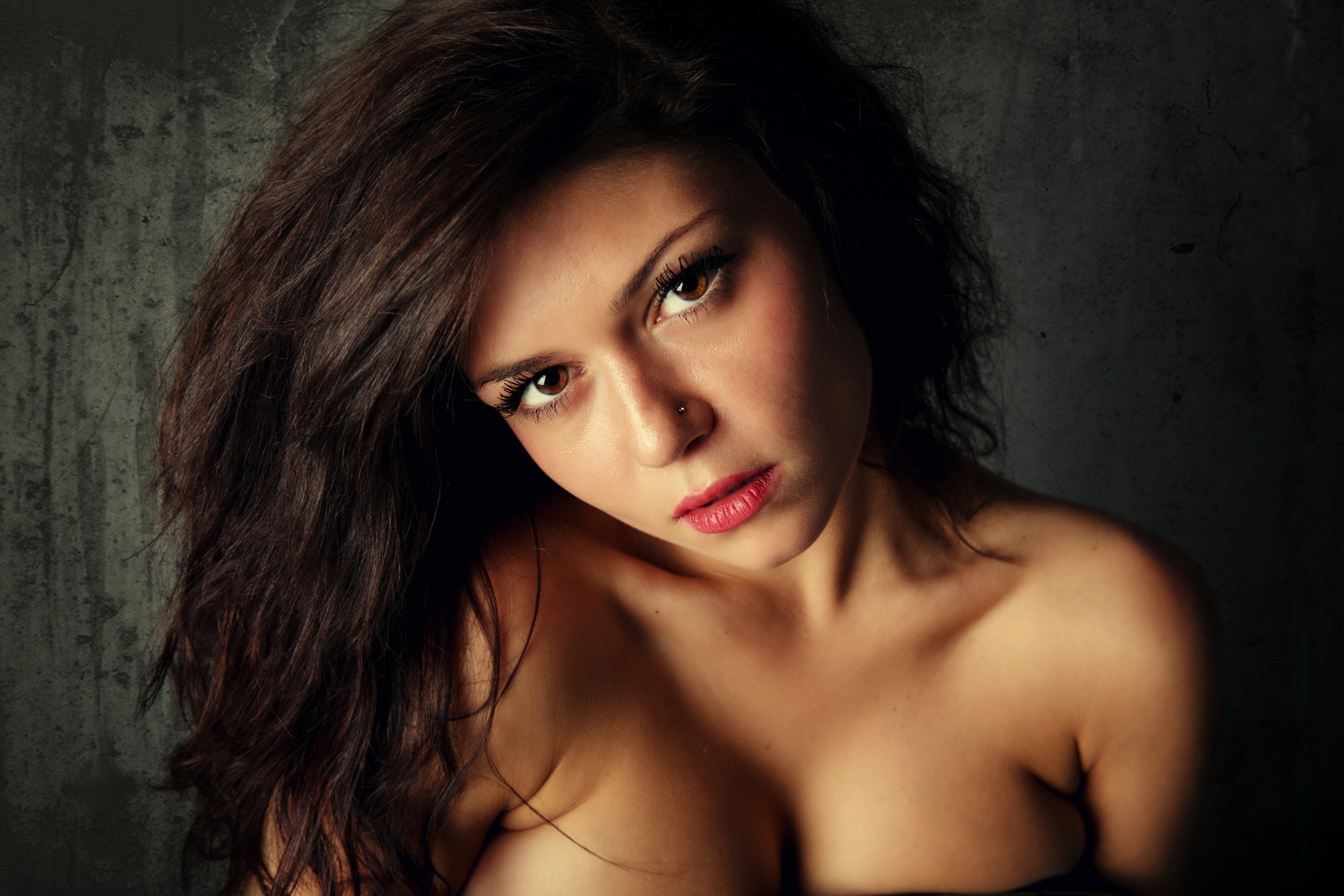 People 3912x2608 women brunette cleavage boobs looking at viewer face closeup portrait women indoors indoors model red lipstick long hair studio