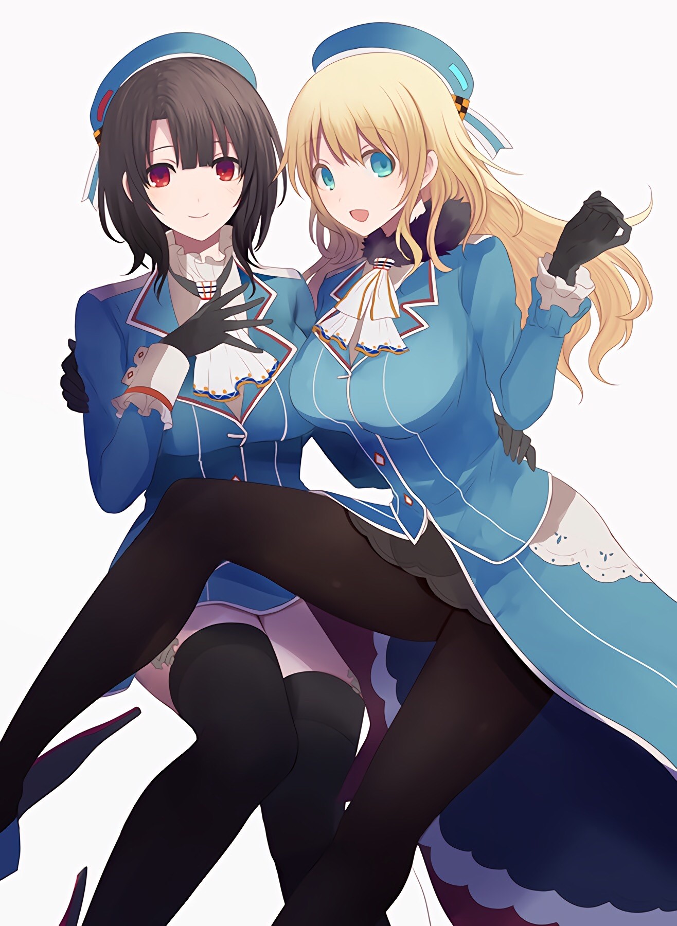 Anime 1316x1800 anime anime girls long hair Kantai Collection Atago (KanColle) Takao (KanColle) stockings uniform two women blonde brunette hat women with hats red eyes pantyhose white background looking at viewer