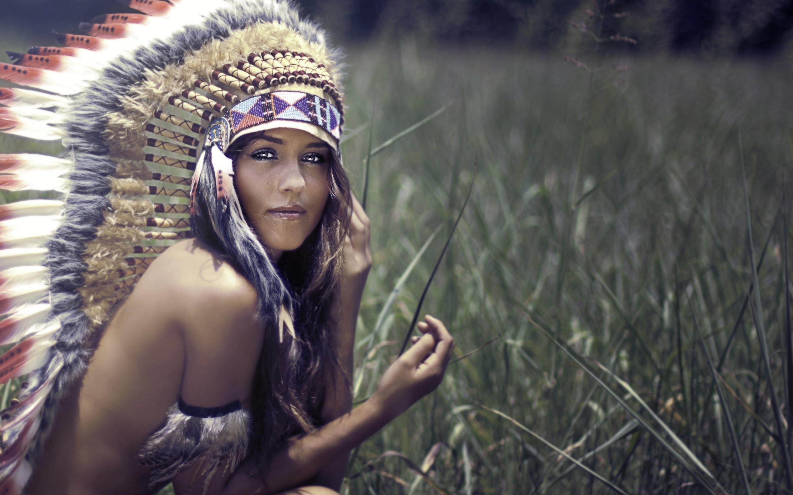 People 2560x1600 women women outdoors headdress field strategic covering no bra looking at viewer sacrilege model plants face outdoors