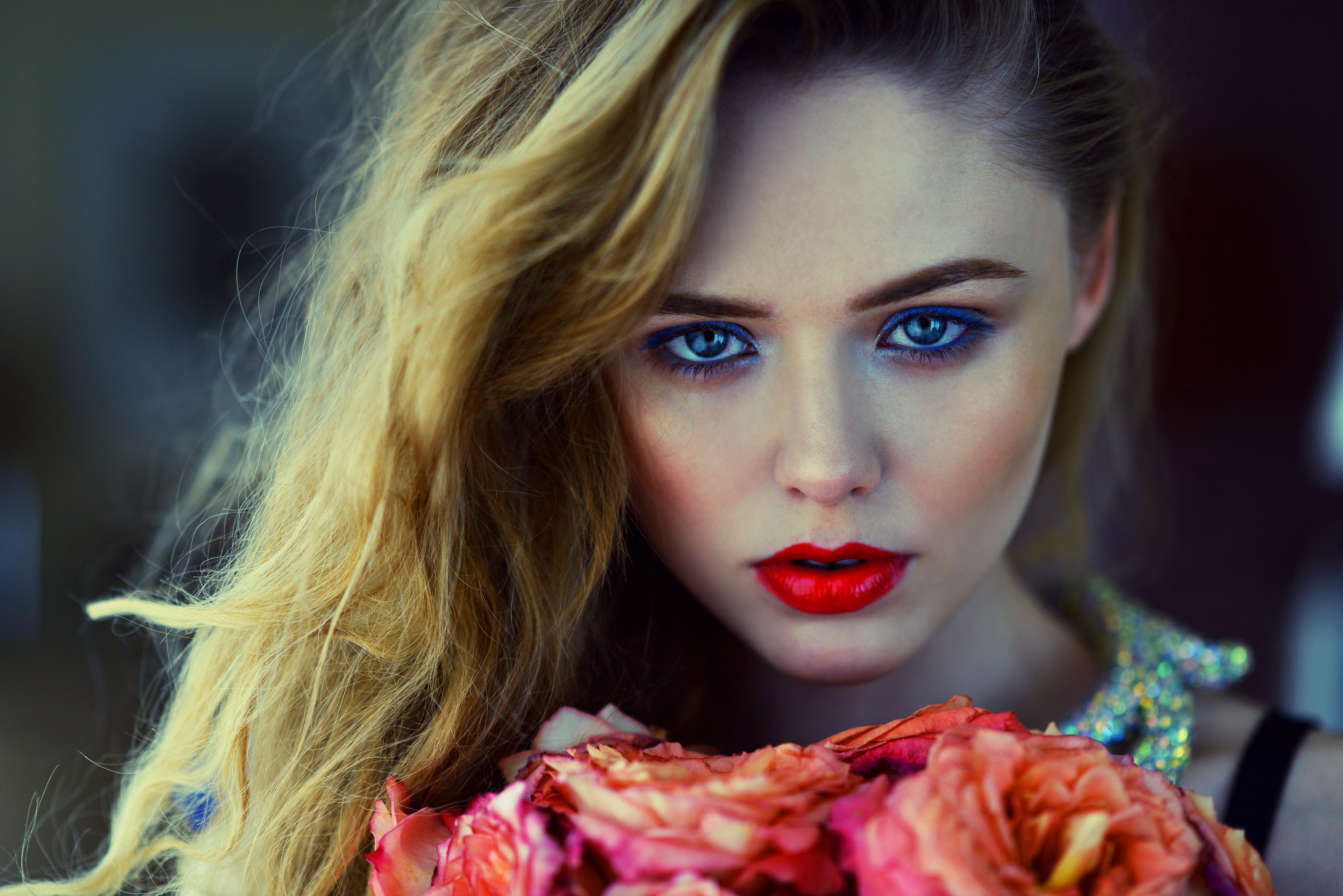People 4096x2733 women flowers looking at viewer blue eyes face red lipstick makeup closeup model long hair portrait