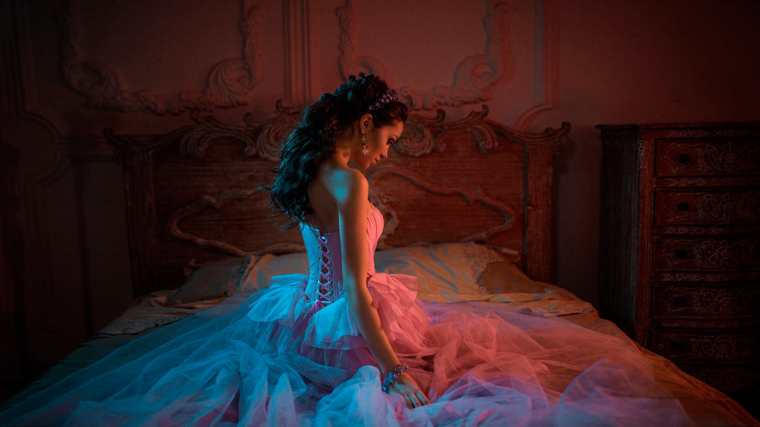 People 2560x1440 dress bed women model corset Lera Kondra fantasy girl women indoors indoors in bed long hair