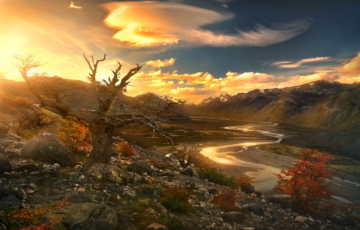 General 1200x769 nature landscape river sunset mountains valley trees shrubs clouds sky sunlight Patagonia Argentina