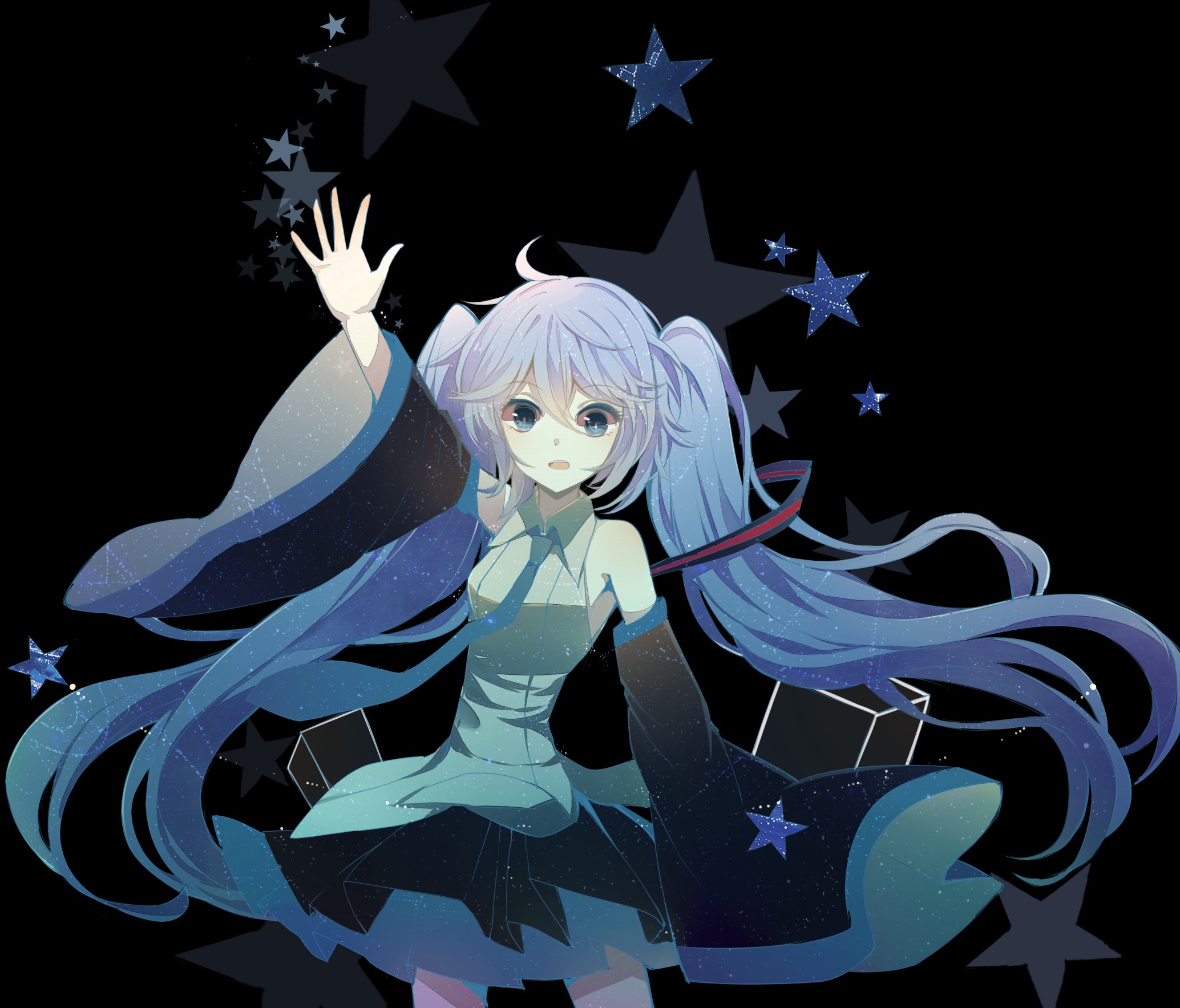 Anime 2068x1767 anime anime girls stars blue simple background Vocaloid Hatsune Miku twintails skirt tie blue eyes long hair blue hair open mouth detached sleeves cube women standing looking at viewer