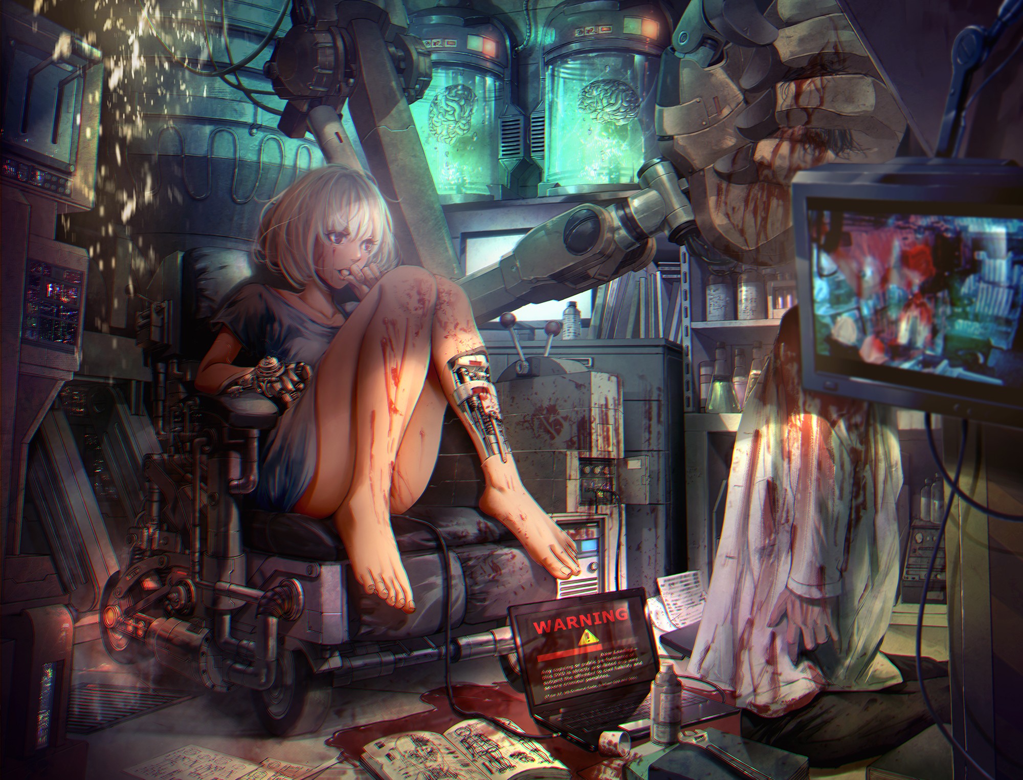 Anime 2000x1524 anime anime girls barefoot original characters mecha girls laboratories cyborg science fiction blood Pixiv thighs together women indoors indoors thighs legs blonde monitor technology futuristic women