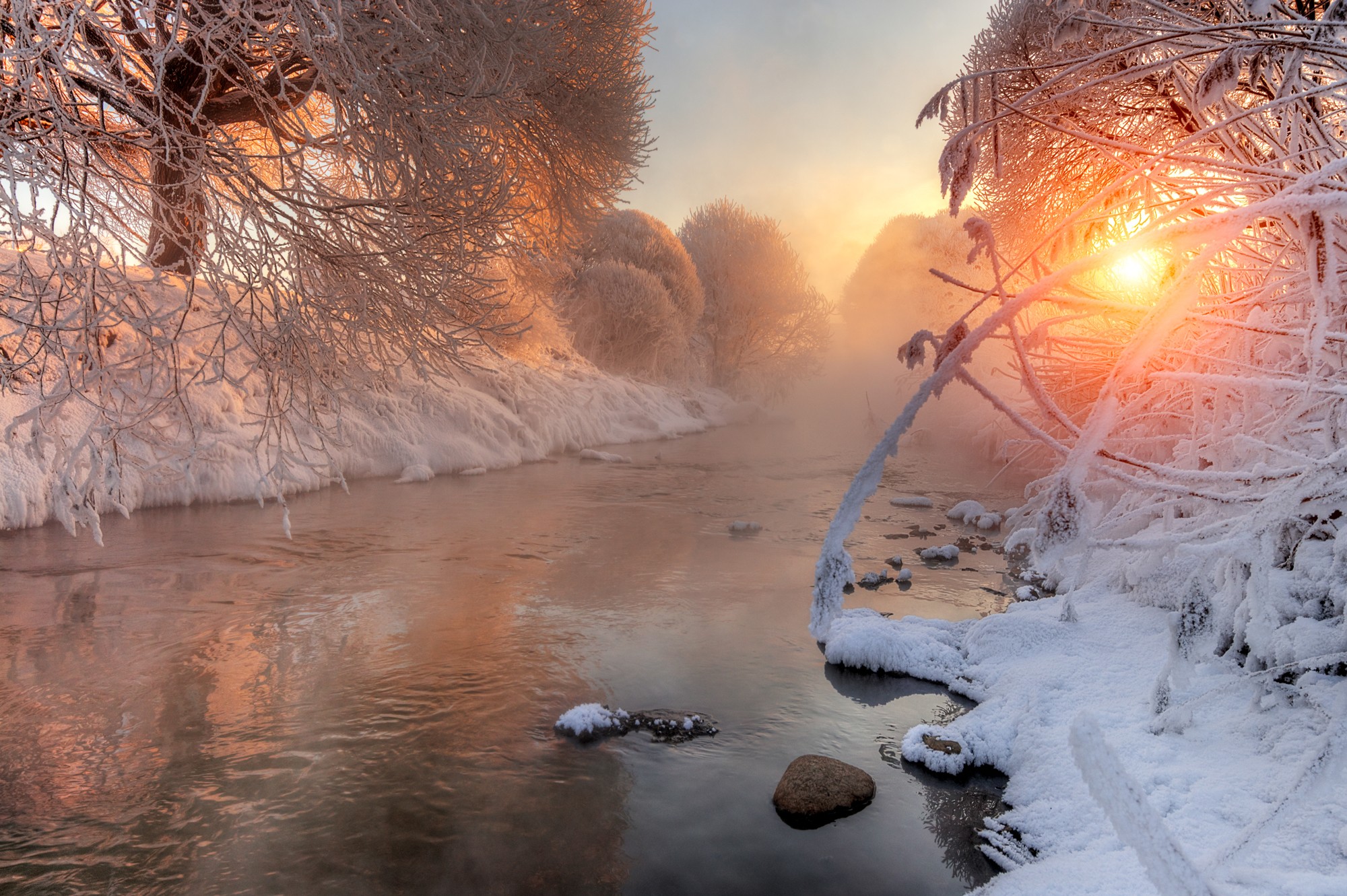 General 2000x1331 river snow sunlight winter cold frost outdoors trees water