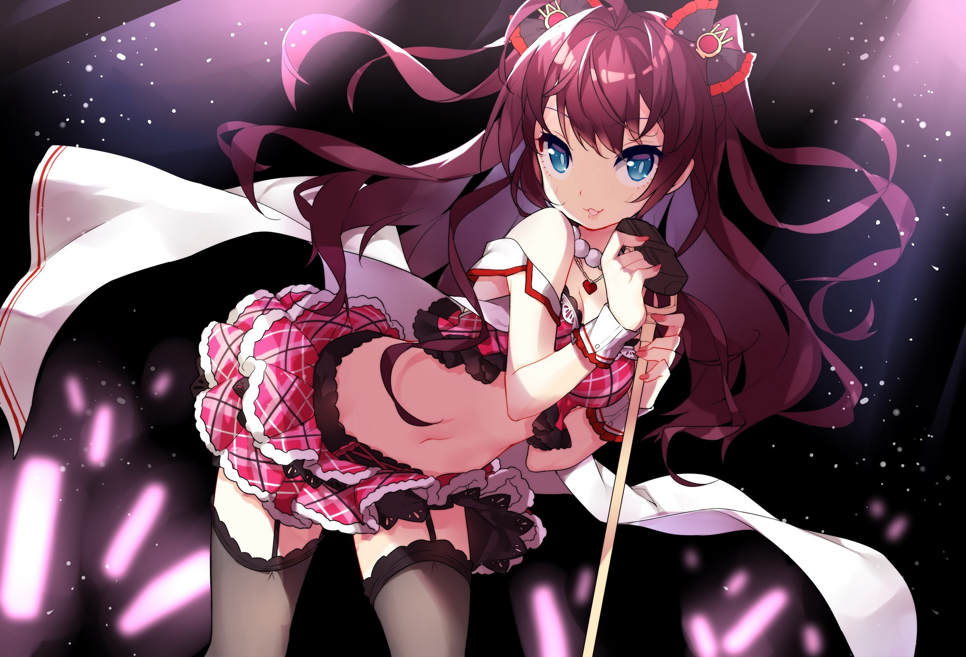 Anime 1920x1306 anime anime girls Ichinose Shiki THE iDOLM@STER: Cinderella Girls belly stockings blue eyes Pixiv black stockings long hair painted nails looking at viewer necklace miniskirt