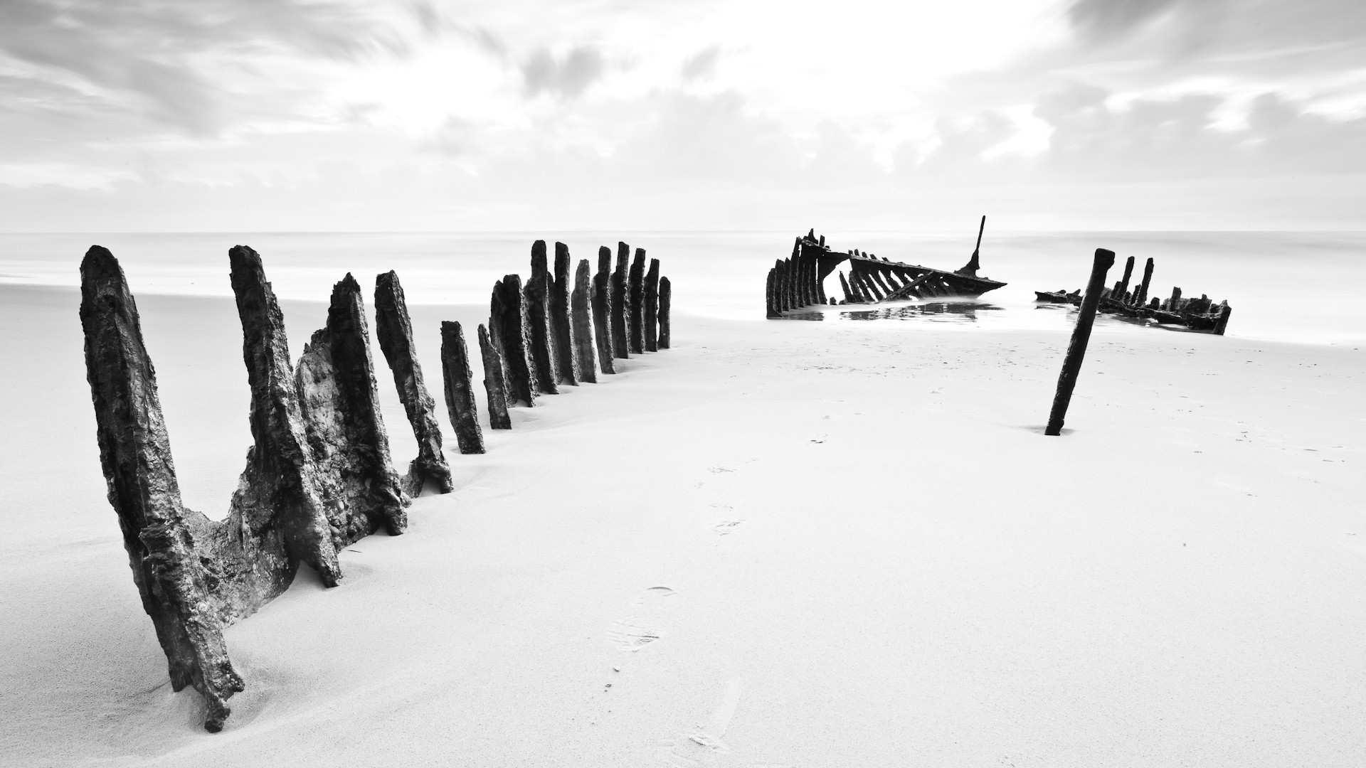 General 1920x1080 photography landscape beach sand sea water wreck monochrome shipwreck bright gray