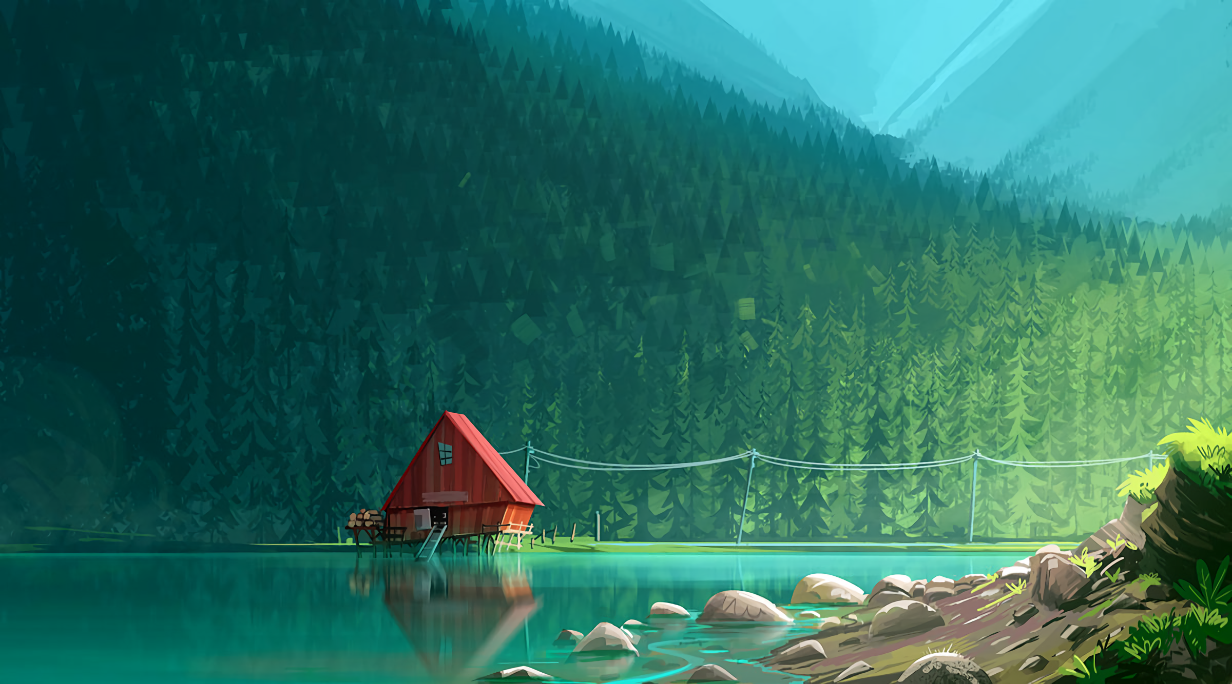 General 2400x1334 forest lake trees mountains digital art landscape water reflection rocks leaves power lines