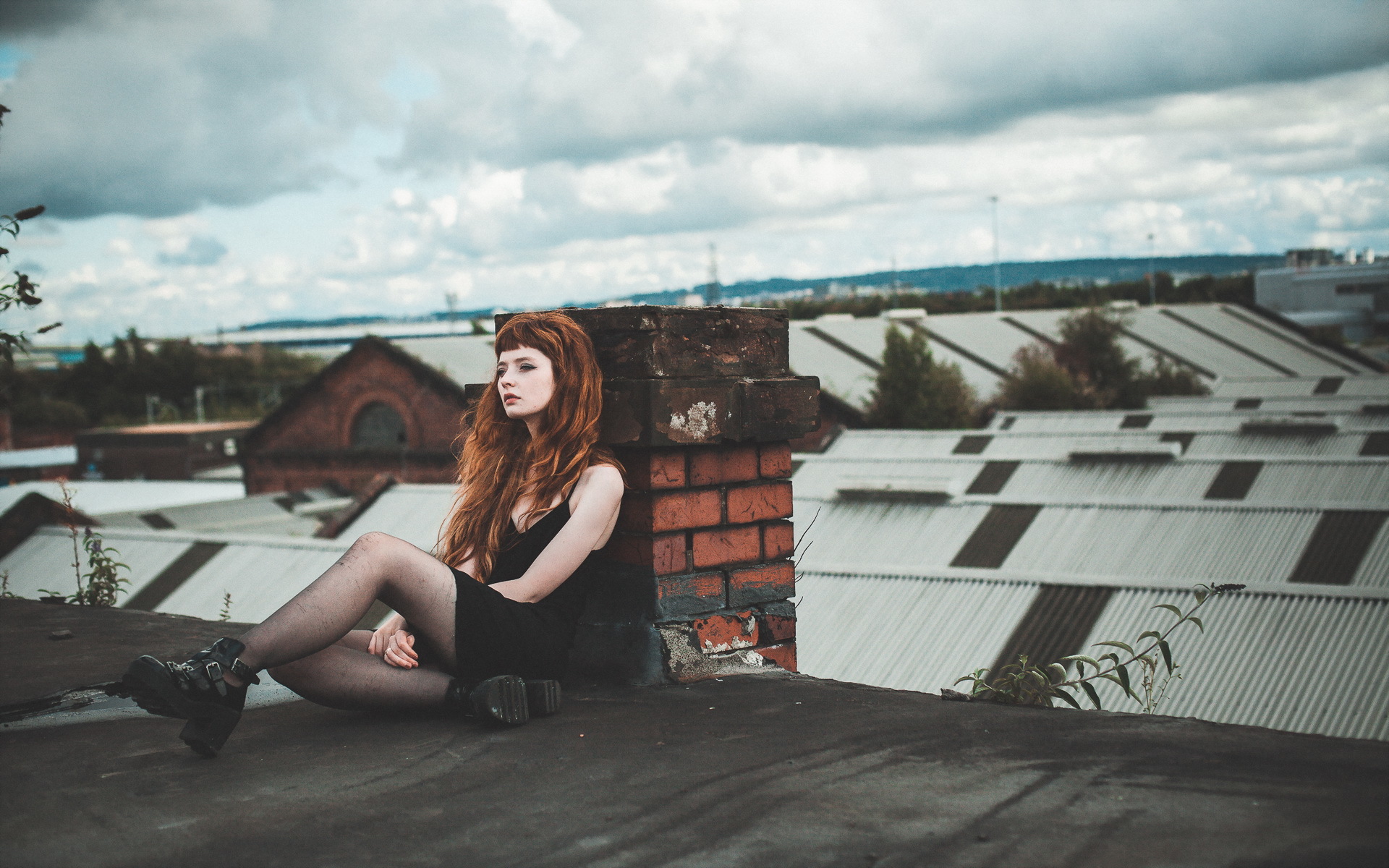 People 1920x1200 redhead women chimneys rooftops pantyhose long hair