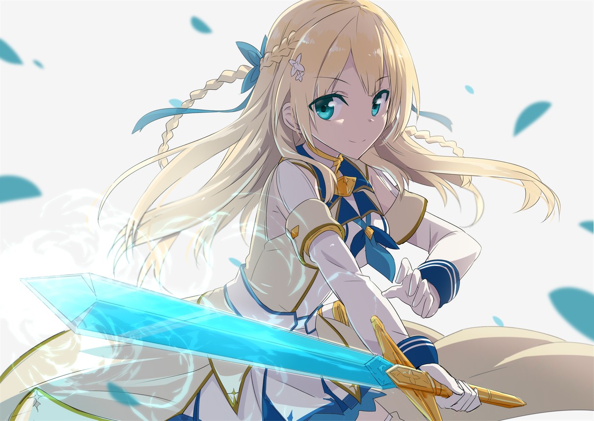 Anime 1214x860 aqua eyes blonde braids white dress gloves long hair magic petals ribbon sword weapon white background anime girls anime