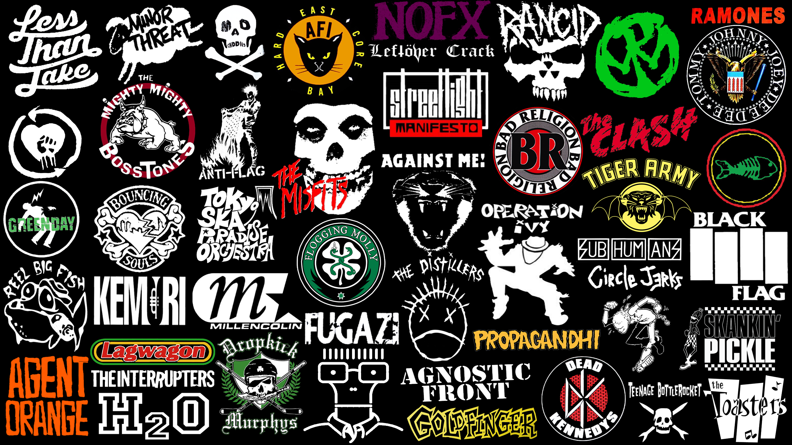 General 2560x1440 punk rock music Bad Religion Dead Kennedys band logo Descendents Minor Threat Ramones The Clash Streetlight Manifesto Green Day Rise Against Misfits black background alternative subculture agnostic front NOFX