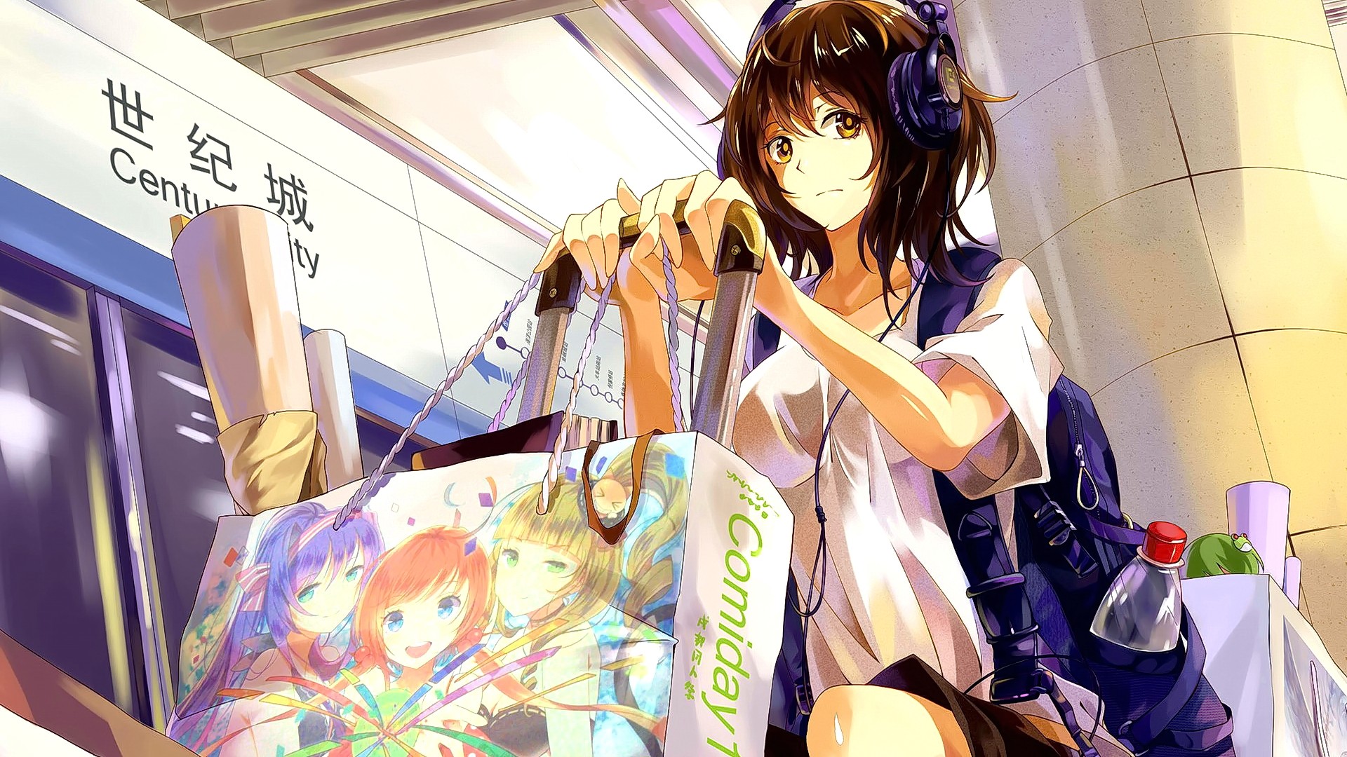 Anime 1920x1080 anime anime girls brunette short hair headsets looking at viewer yellow eyes shopping sitting bottles headphones