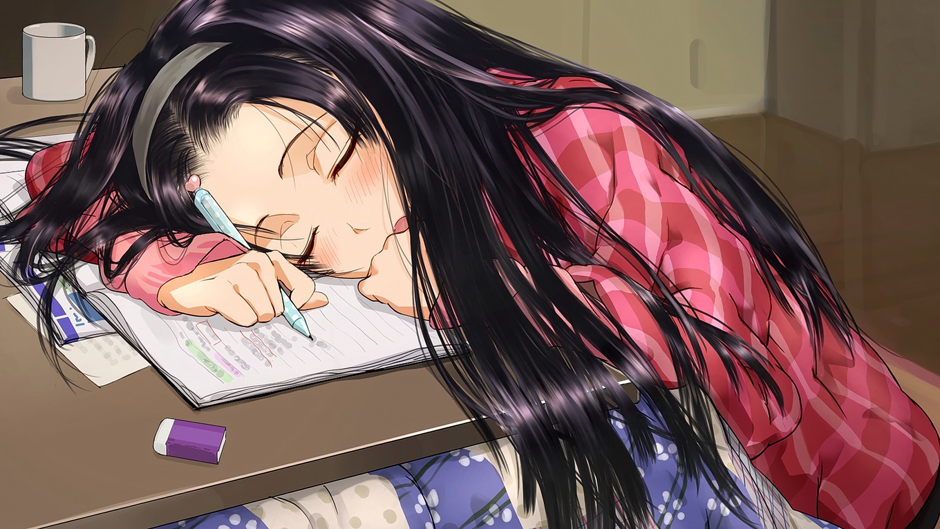 Anime 1920x1080 anime anime girls long hair closed eyes sleeping dark hair pens black hair cup rubber